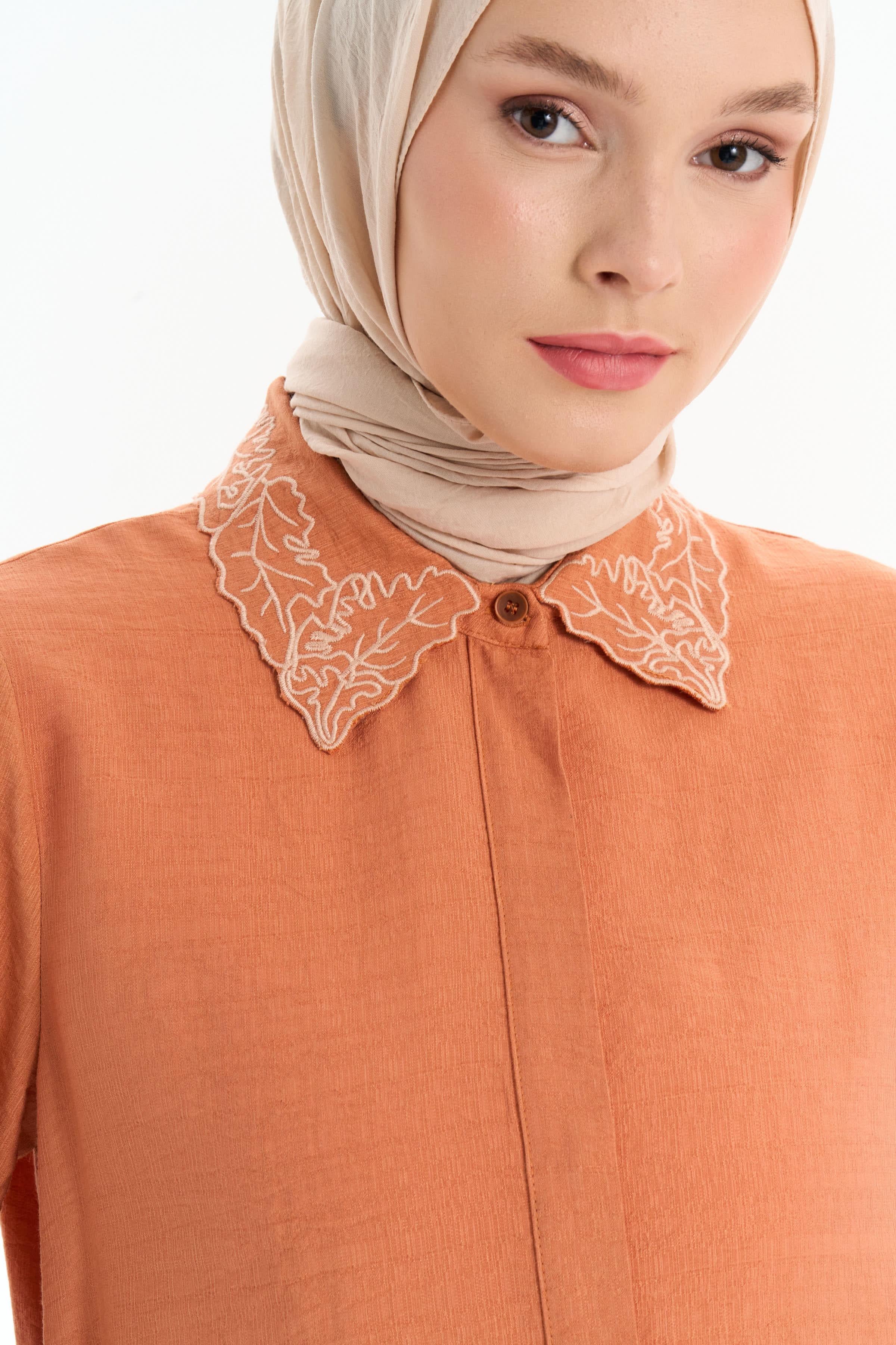 Yakası Nakışlı Tunik Pantolon Takım - Kiremit TUGBA