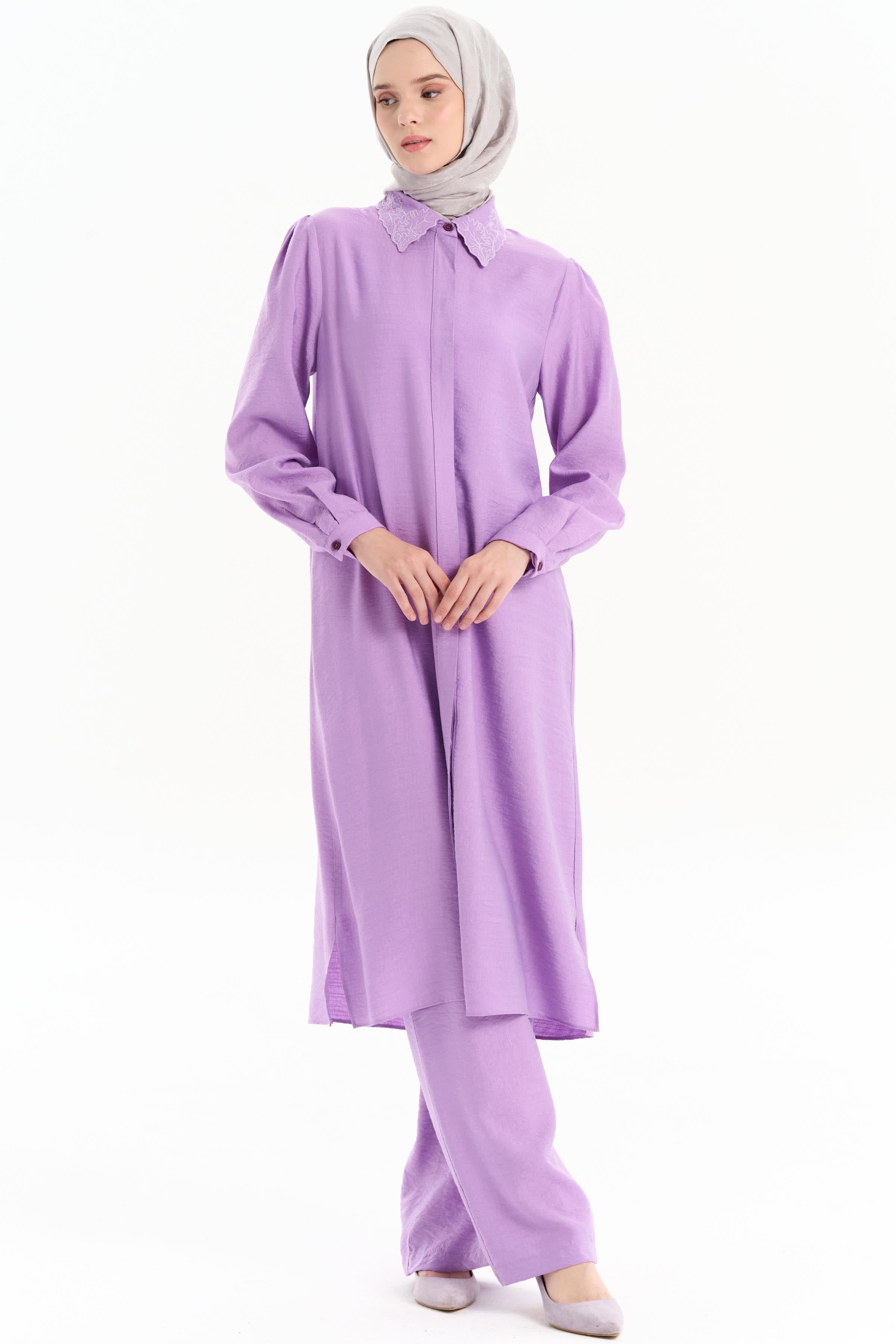 Yakası Nakışlı Tunik Pantolon Takım - Lila TUGBA