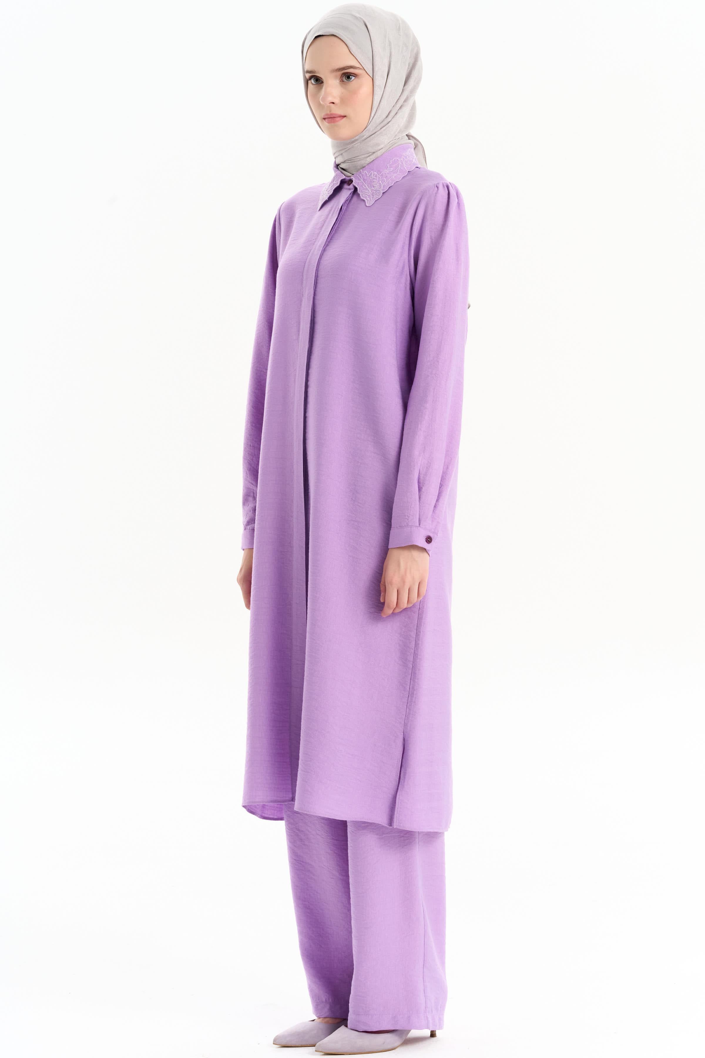 Yakası Nakışlı Tunik Pantolon Takım - Lila TUGBA