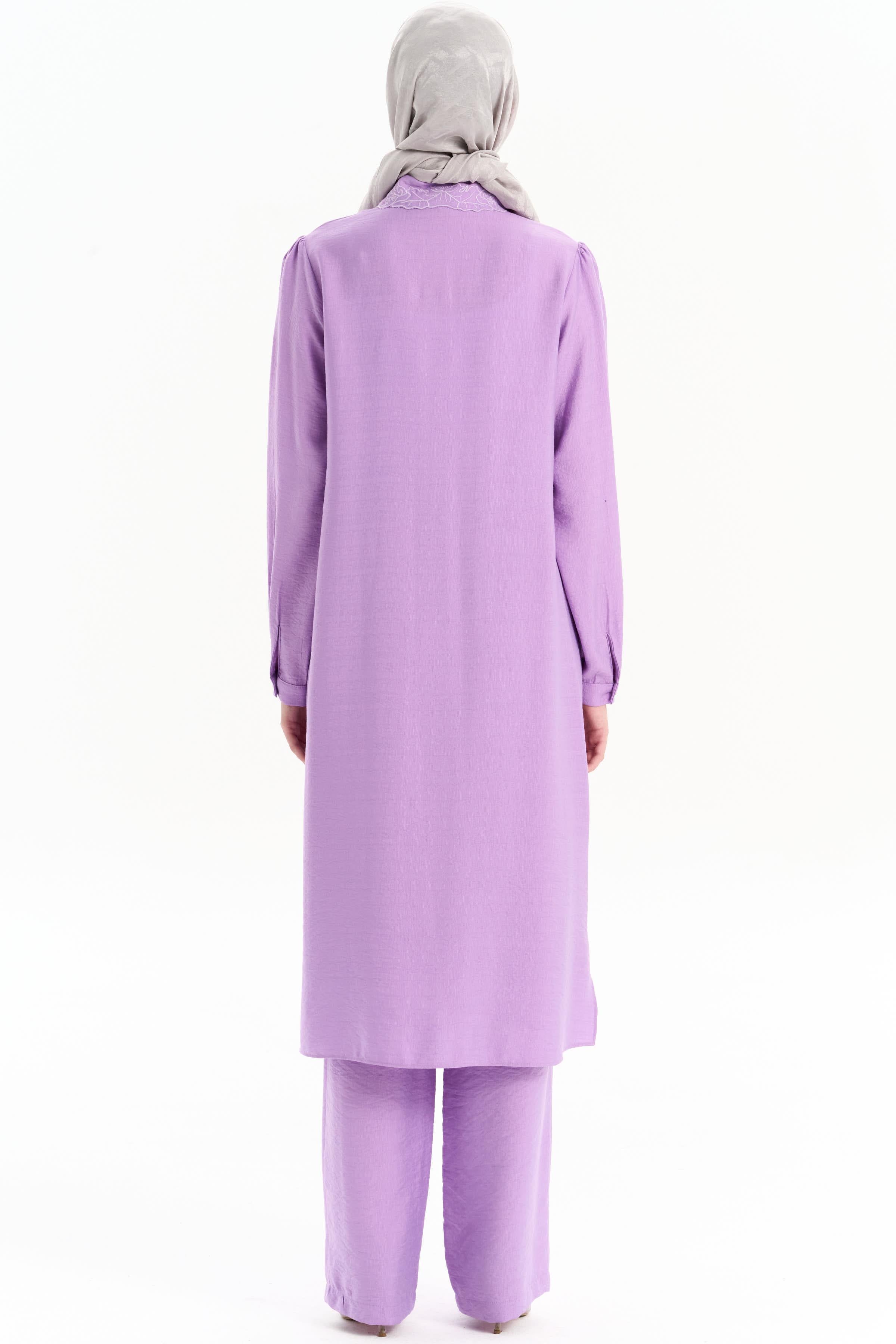 Yakası Nakışlı Tunik Pantolon Takım - Lila TUGBA