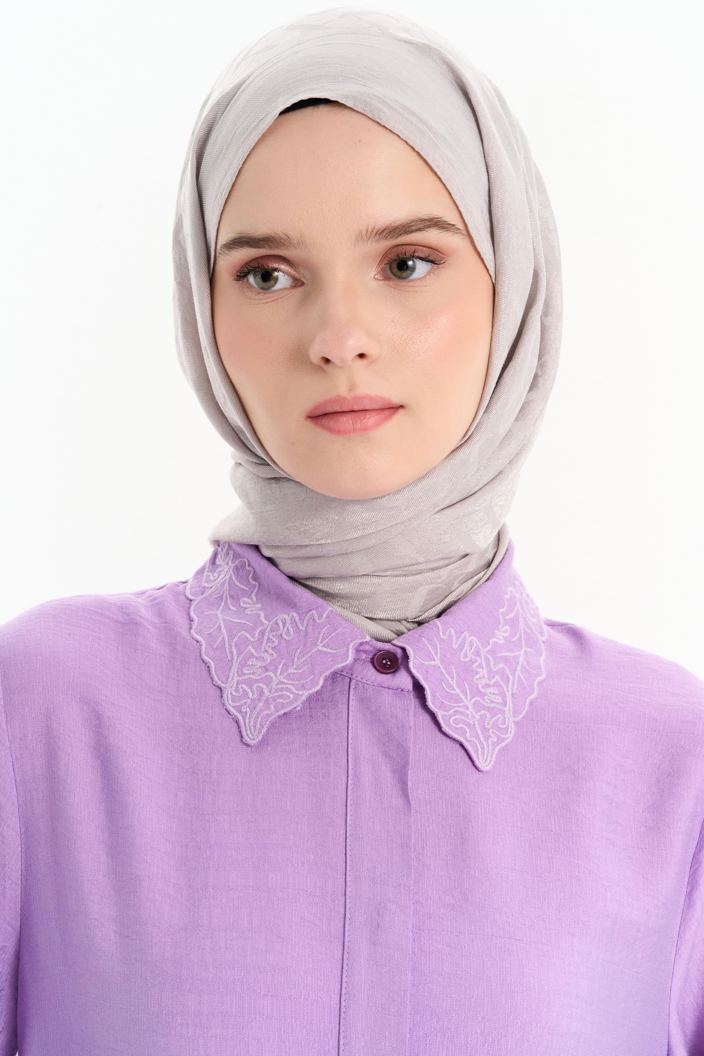 Yakası Nakışlı Tunik Pantolon Takım - Lila TUGBA