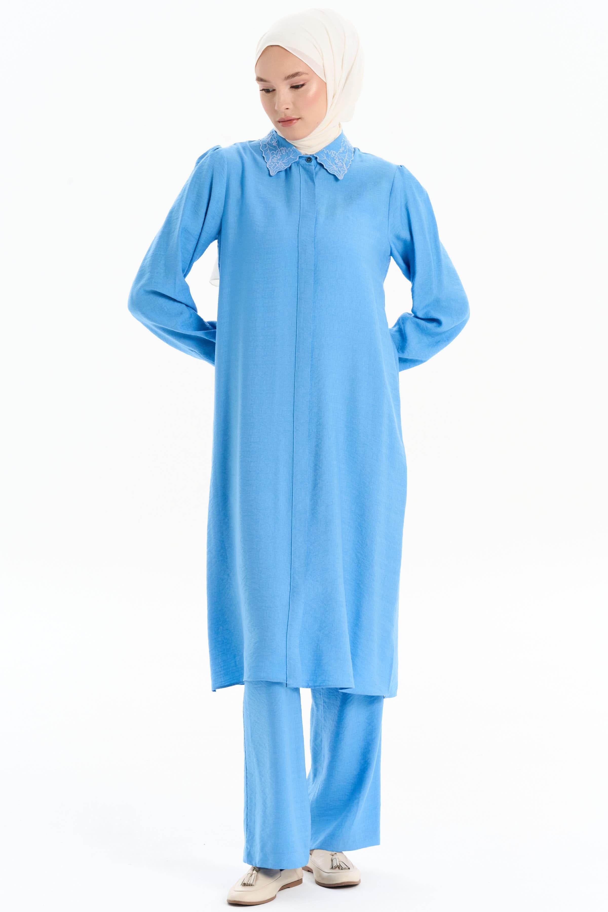 Yakası Nakışlı Tunik Pantolon Takım - Mavi TUGBA