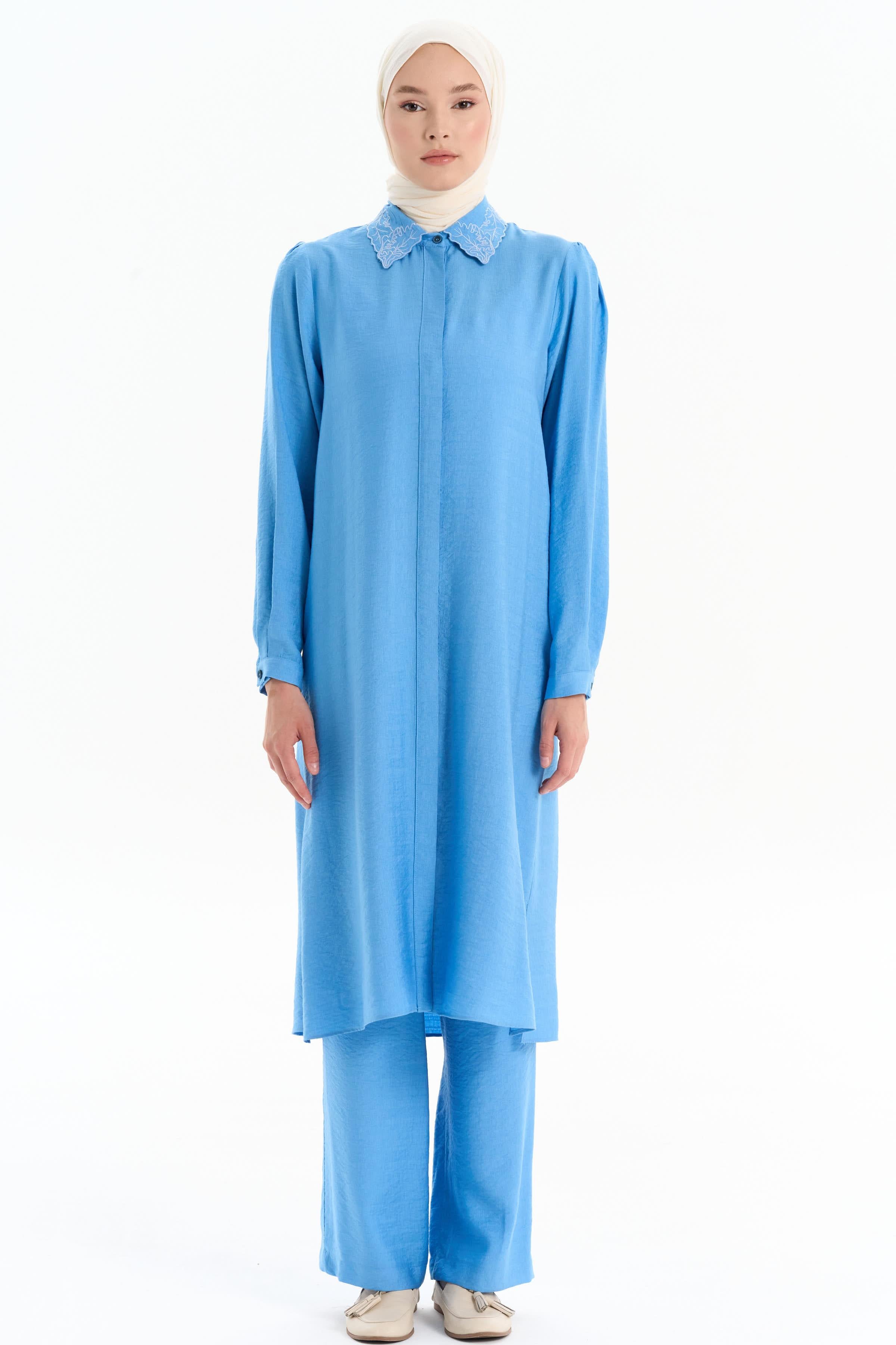 Yakası Nakışlı Tunik Pantolon Takım - Mavi TUGBA