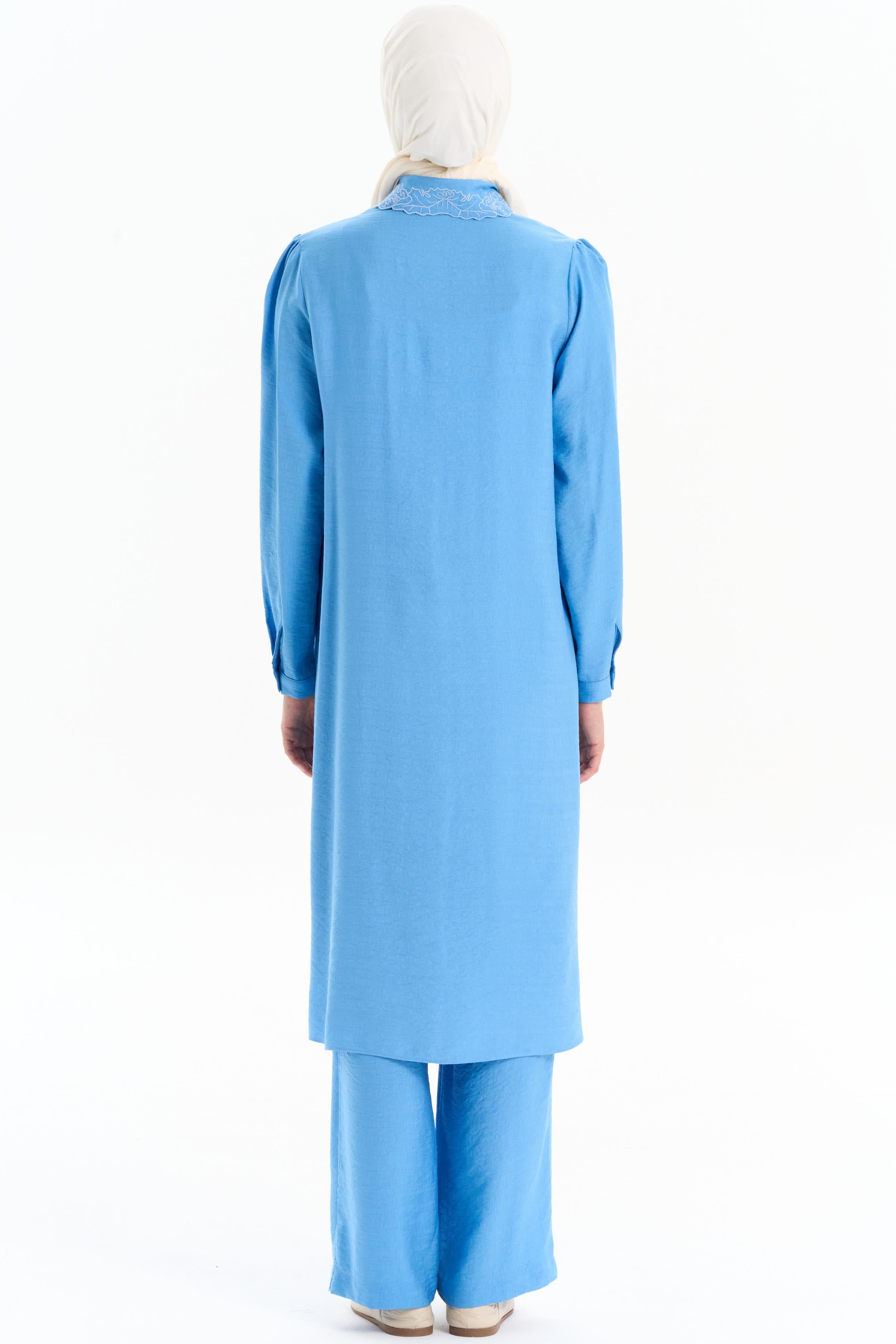 Yakası Nakışlı Tunik Pantolon Takım - Mavi TUGBA