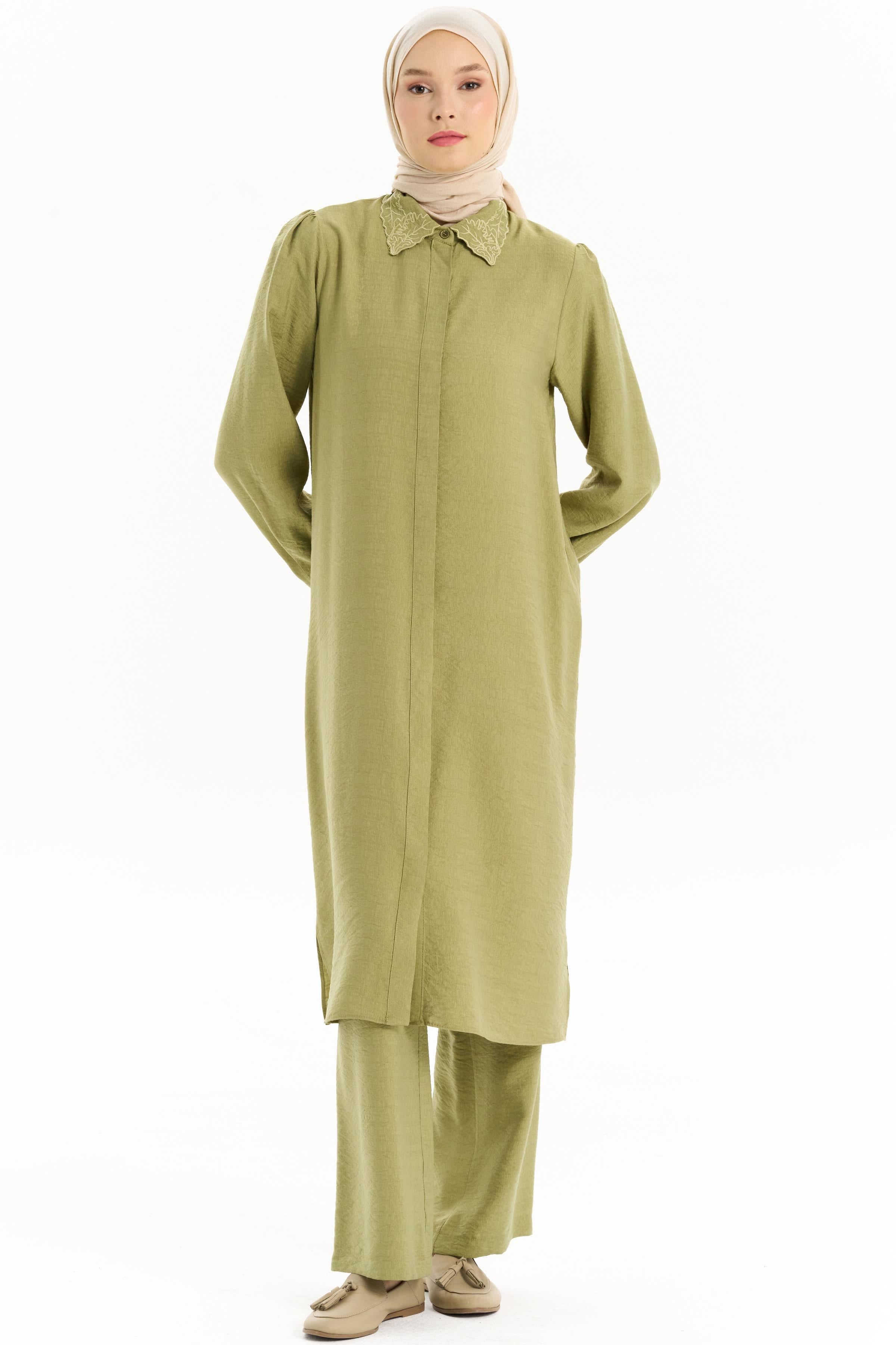 Yakası Nakışlı Tunik Pantolon Takım - Olive TUGBA