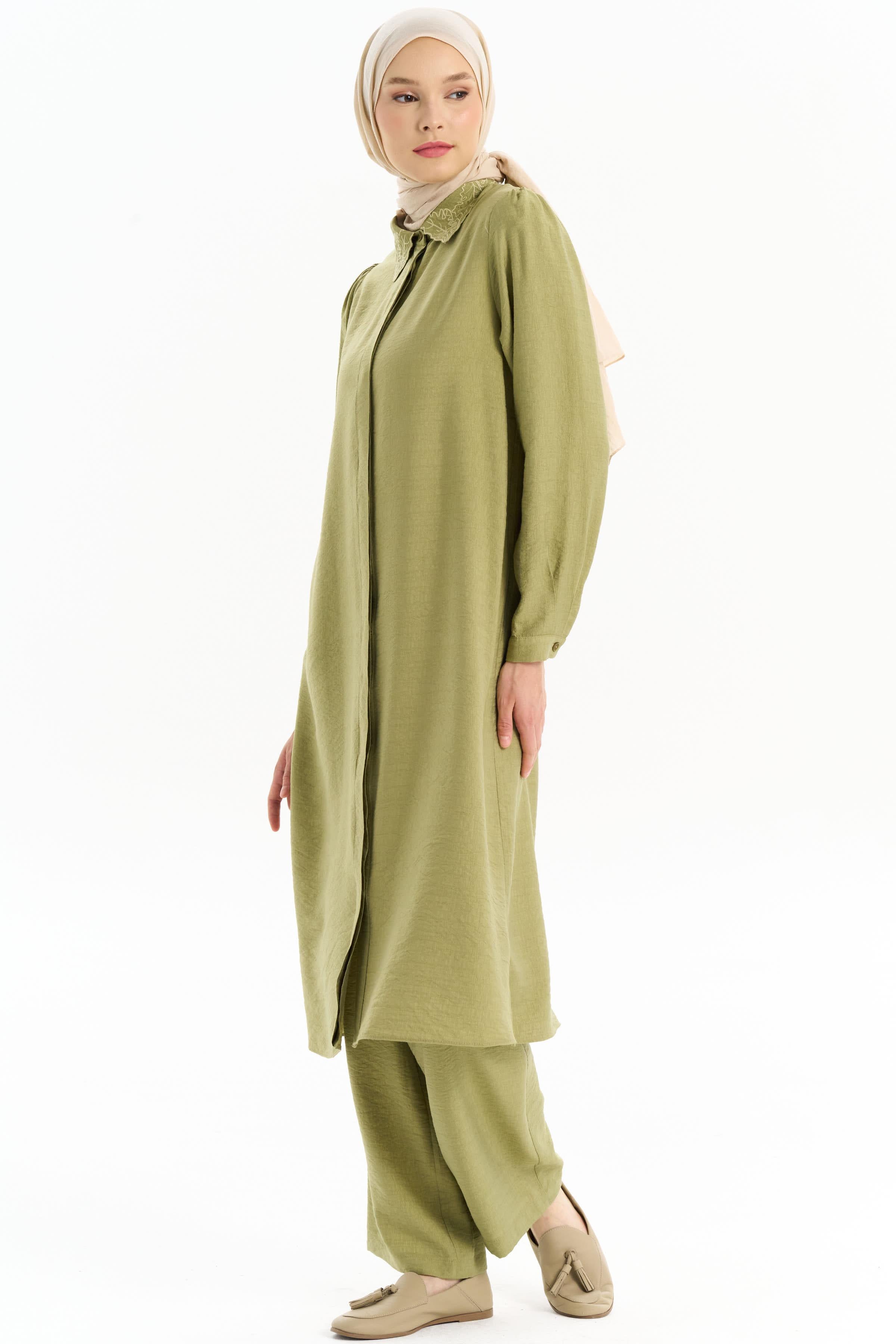 Yakası Nakışlı Tunik Pantolon Takım - Olive TUGBA
