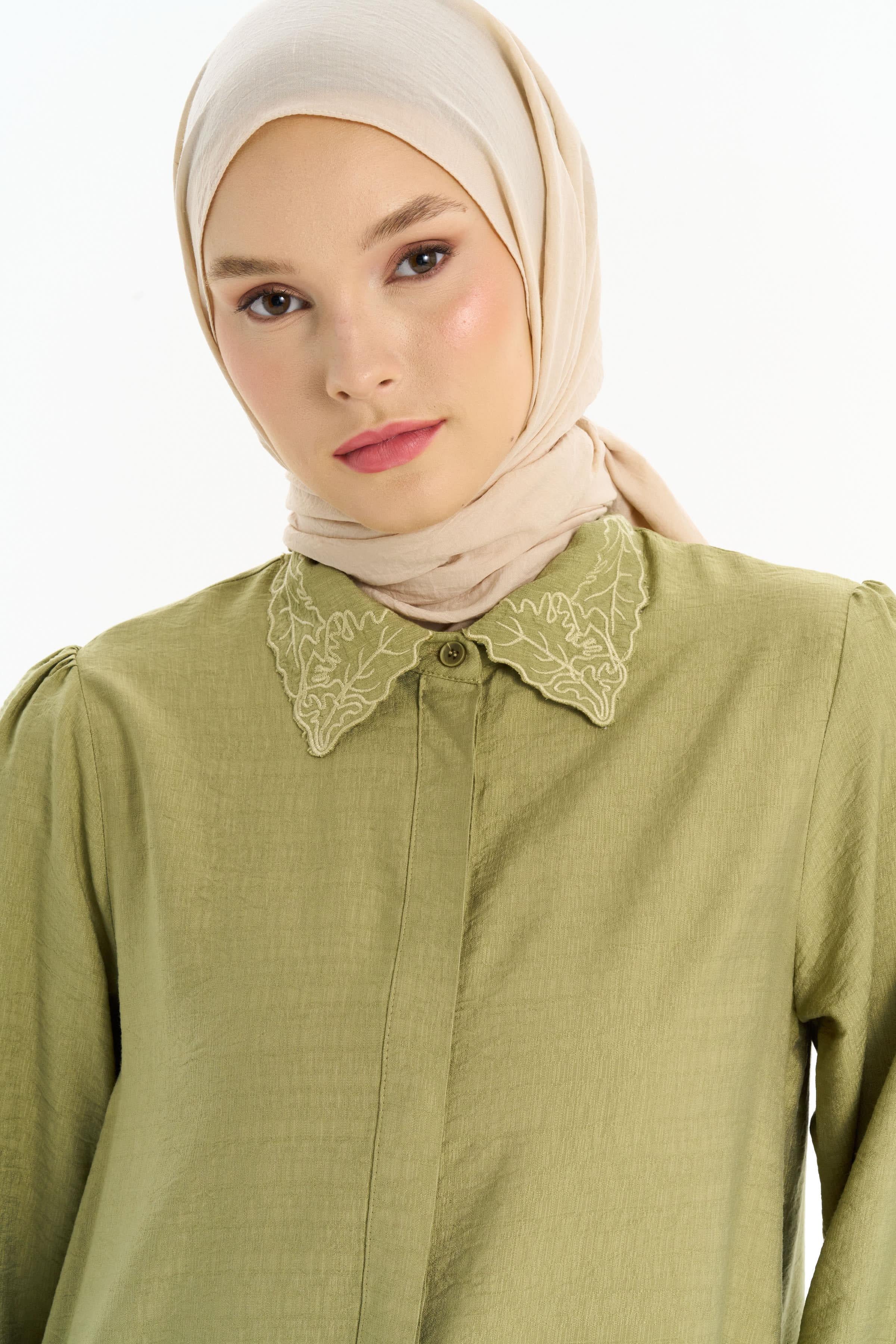 Yakası Nakışlı Tunik Pantolon Takım - Olive TUGBA