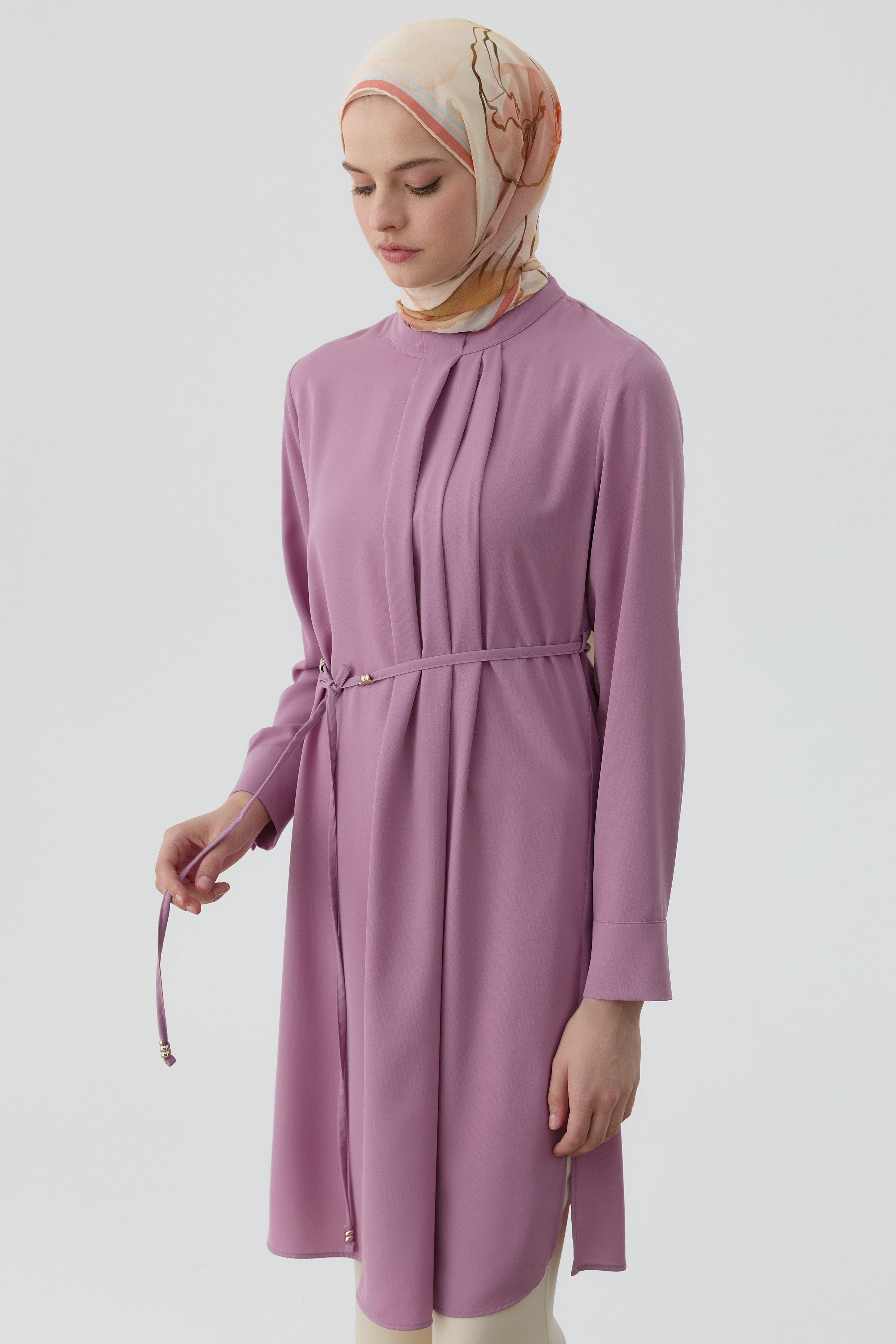 Yakası Pile Detaylı Tunik - Lila TUGBA