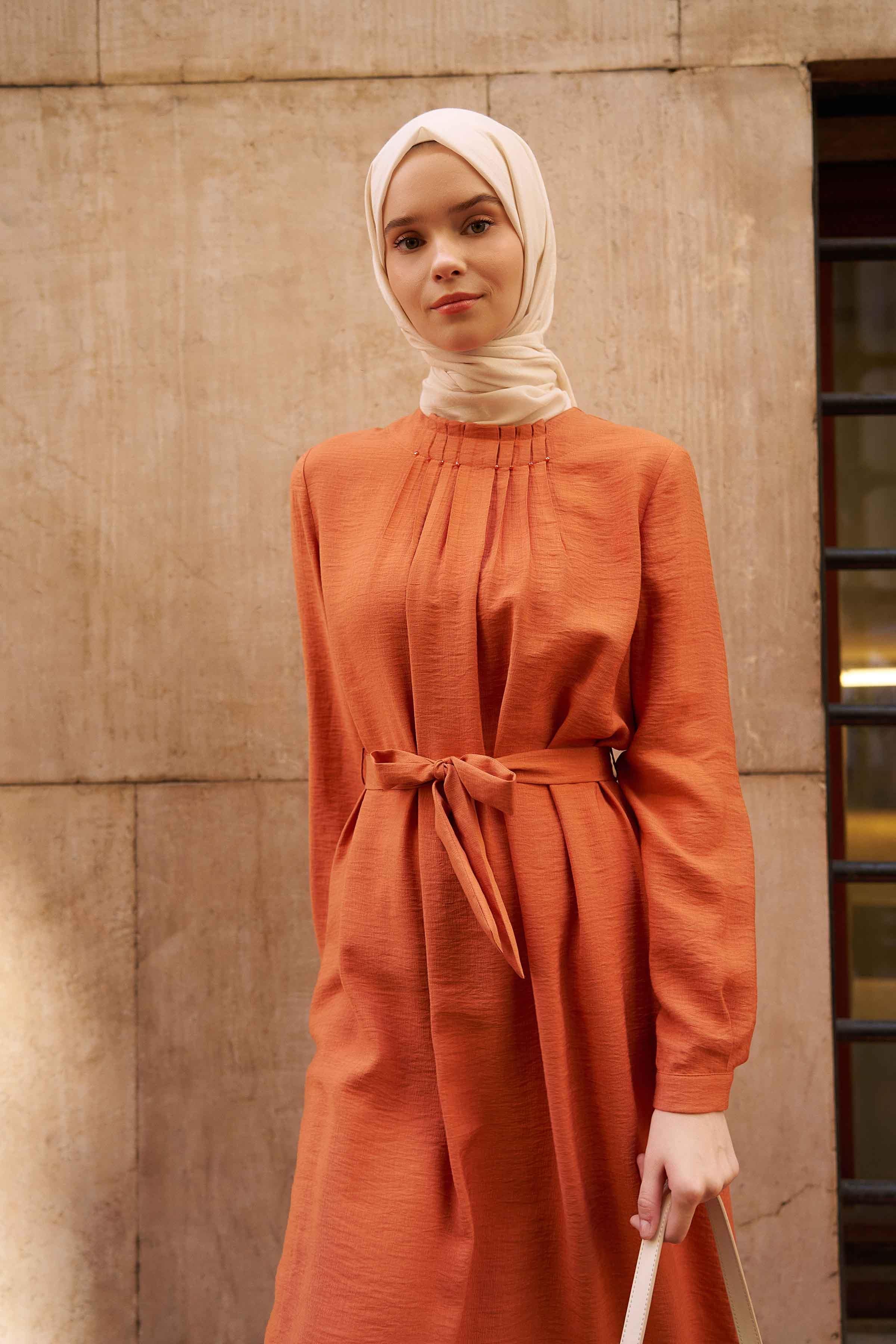 Yakası Pile Detaylı Tunik Pantolon Takım - Kiremit TUGBA