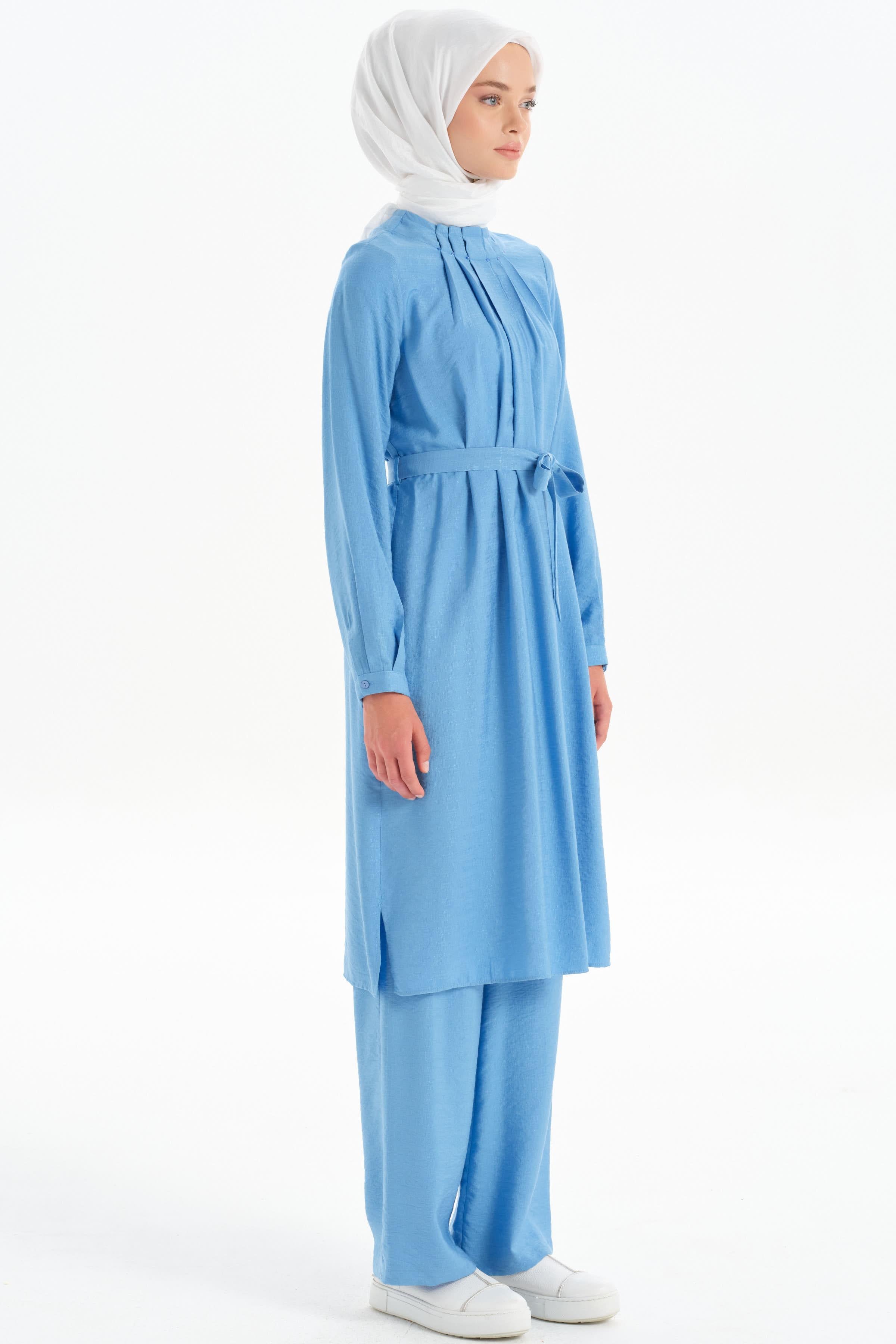 Yakası Pile Detaylı Tunik Pantolon Takım - Mavi TUGBA