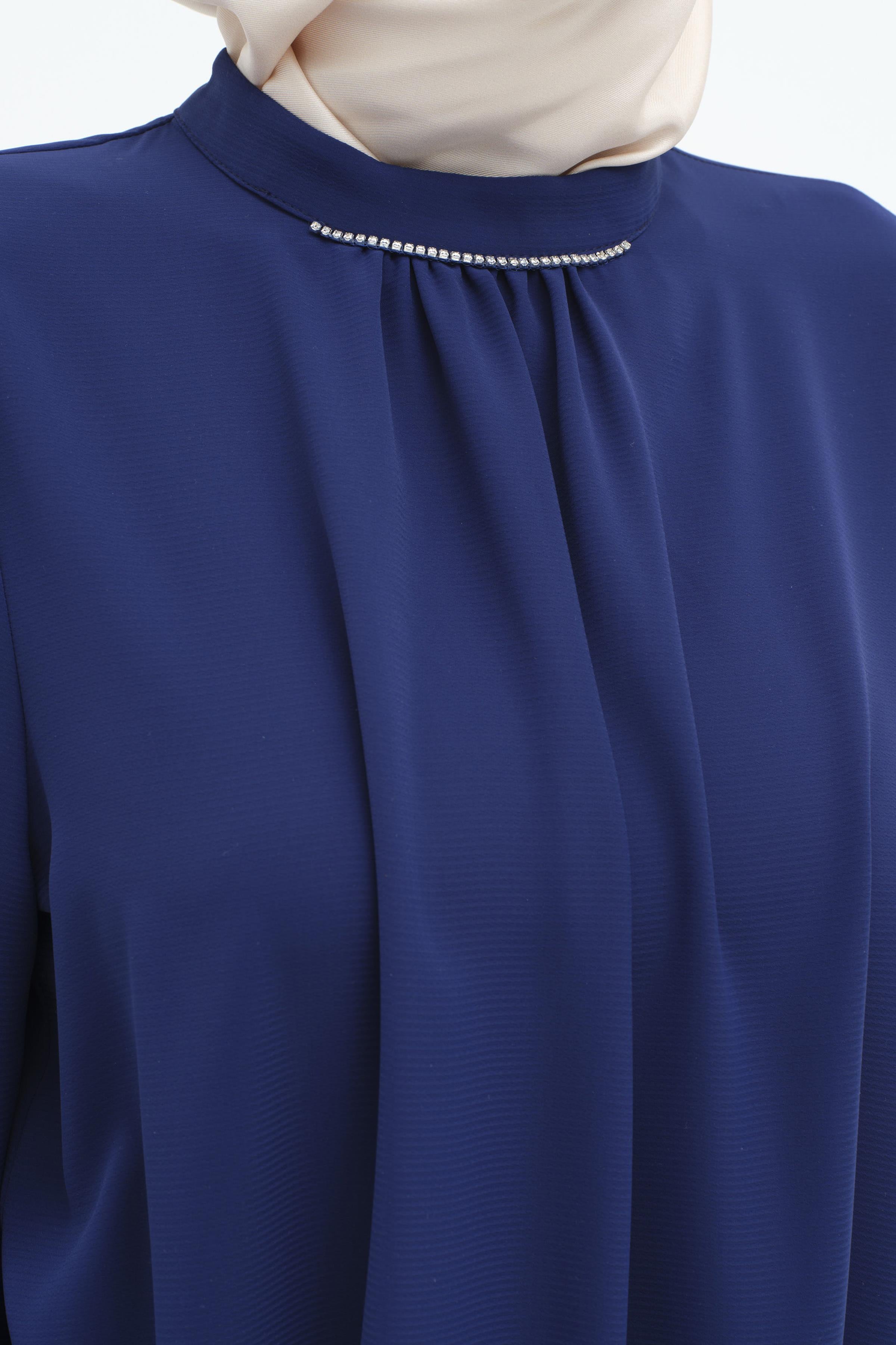 Yakası Taşlı Büzgülü Tunik - Lacivert TUGBA