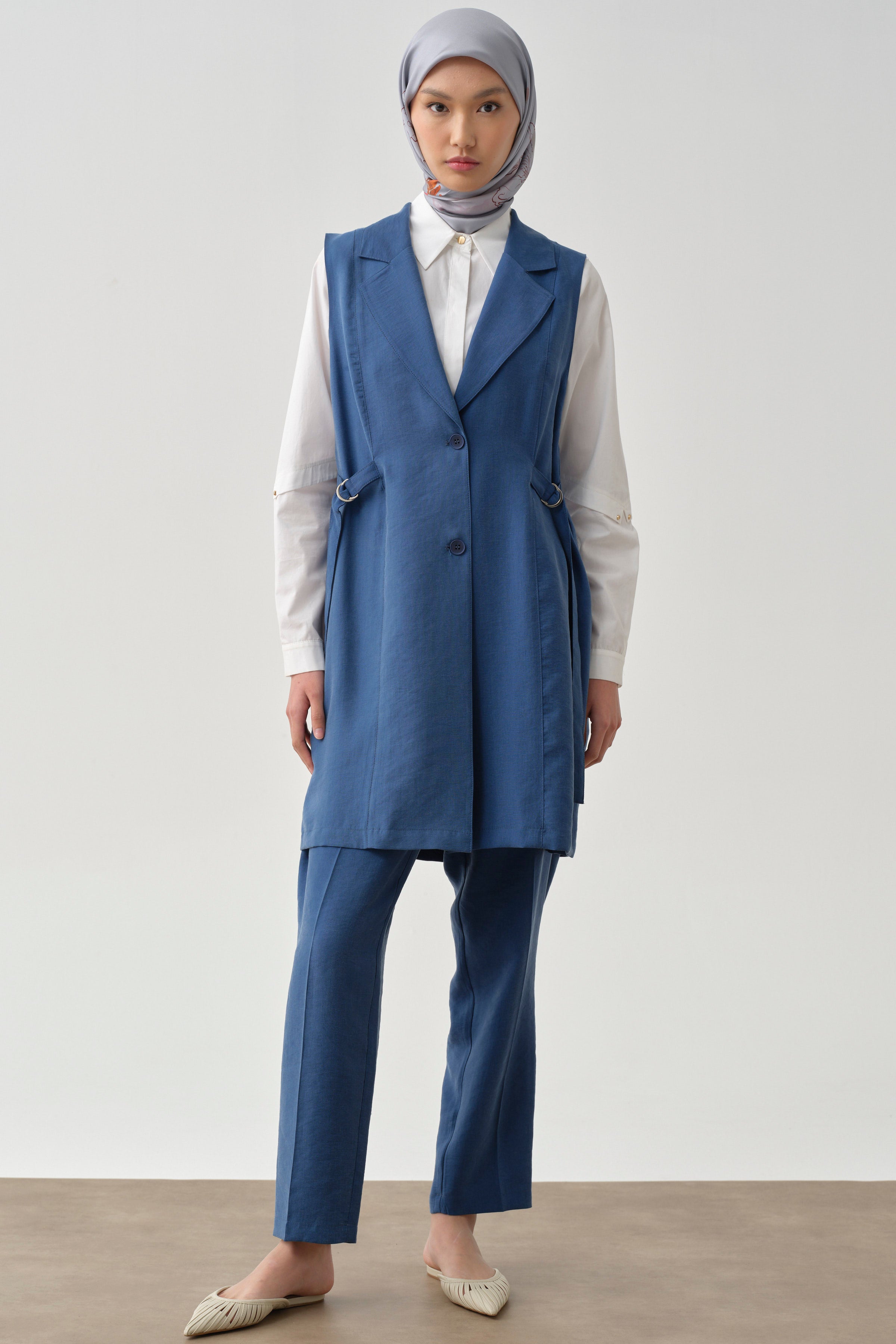 Yandan Metal Toka Kemerli Yelek - İndigo TUGBA