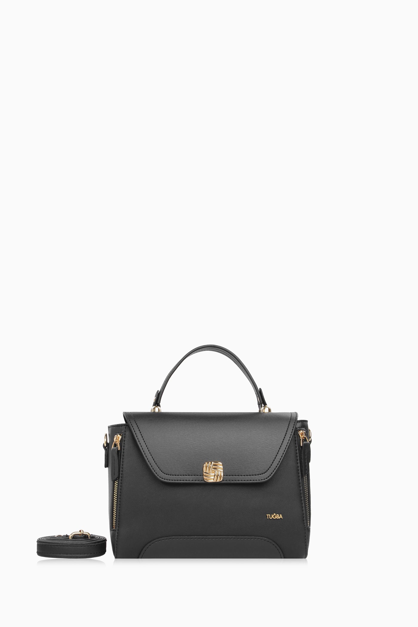 Yanları Fermuarlı Üçgen Kapaklı Çanta - Siyah TUGBA