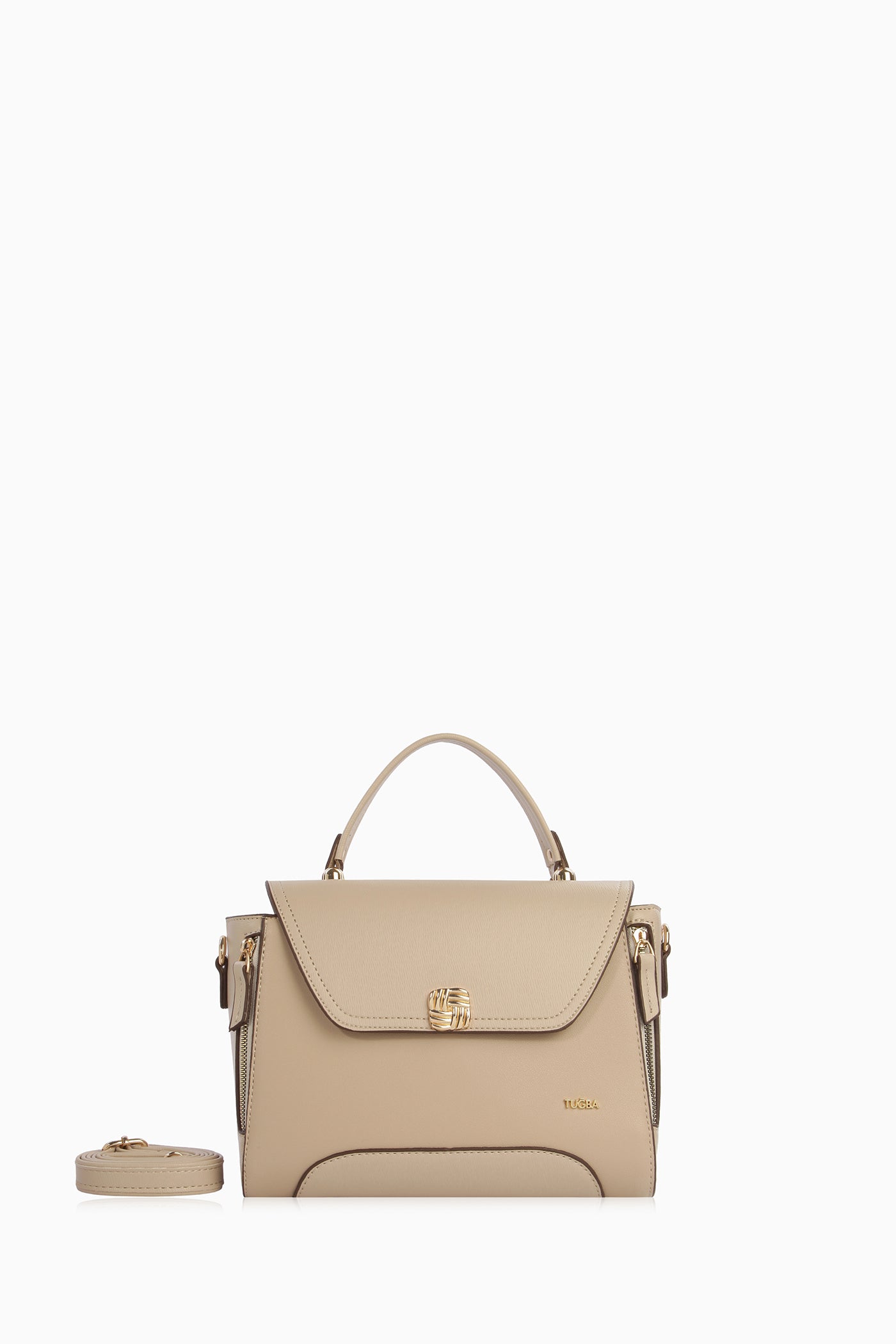 Yanları Fermuarlı Üçgen Kapaklı Çanta - Vizon TUGBA