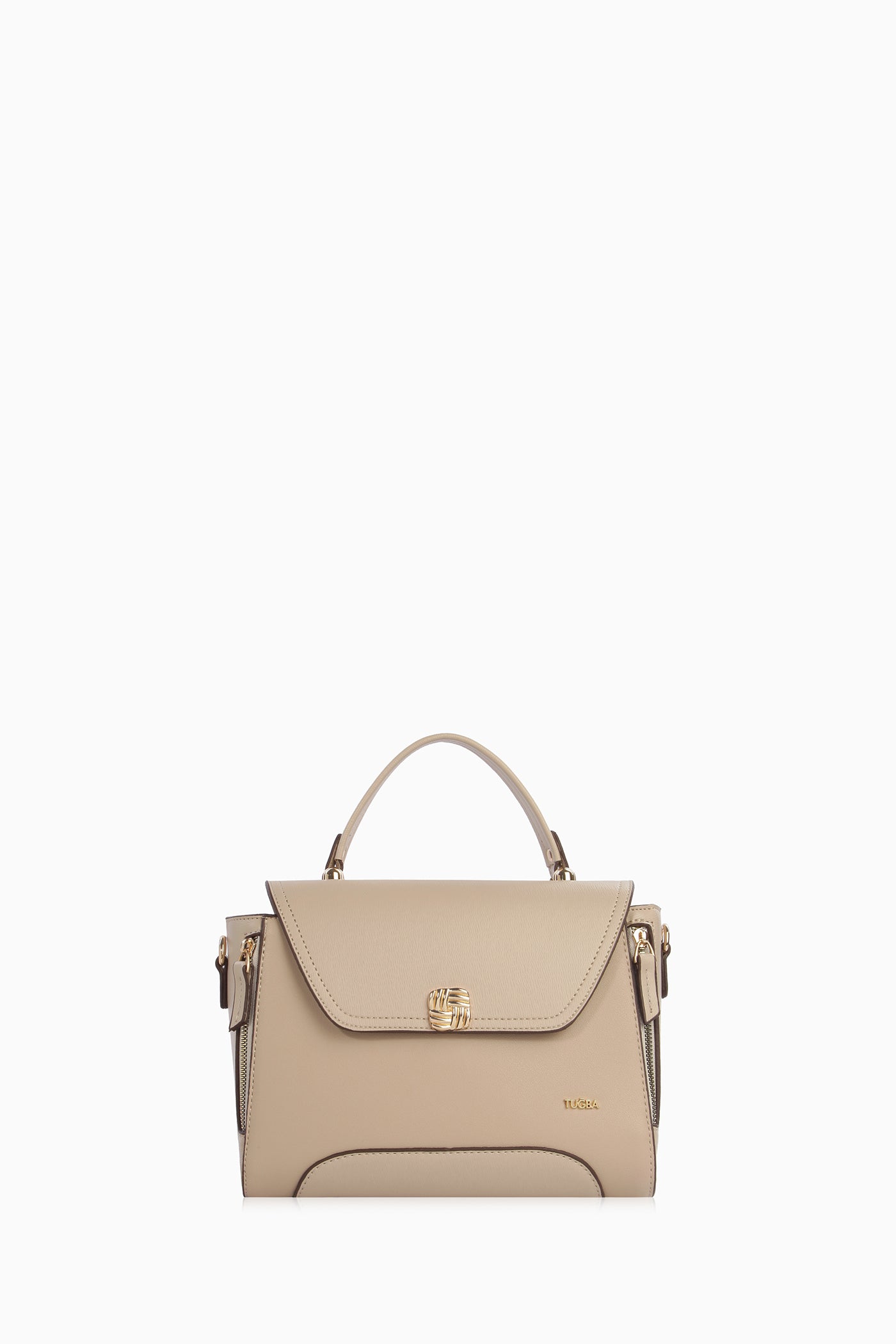 Yanları Fermuarlı Üçgen Kapaklı Çanta - Vizon TUGBA