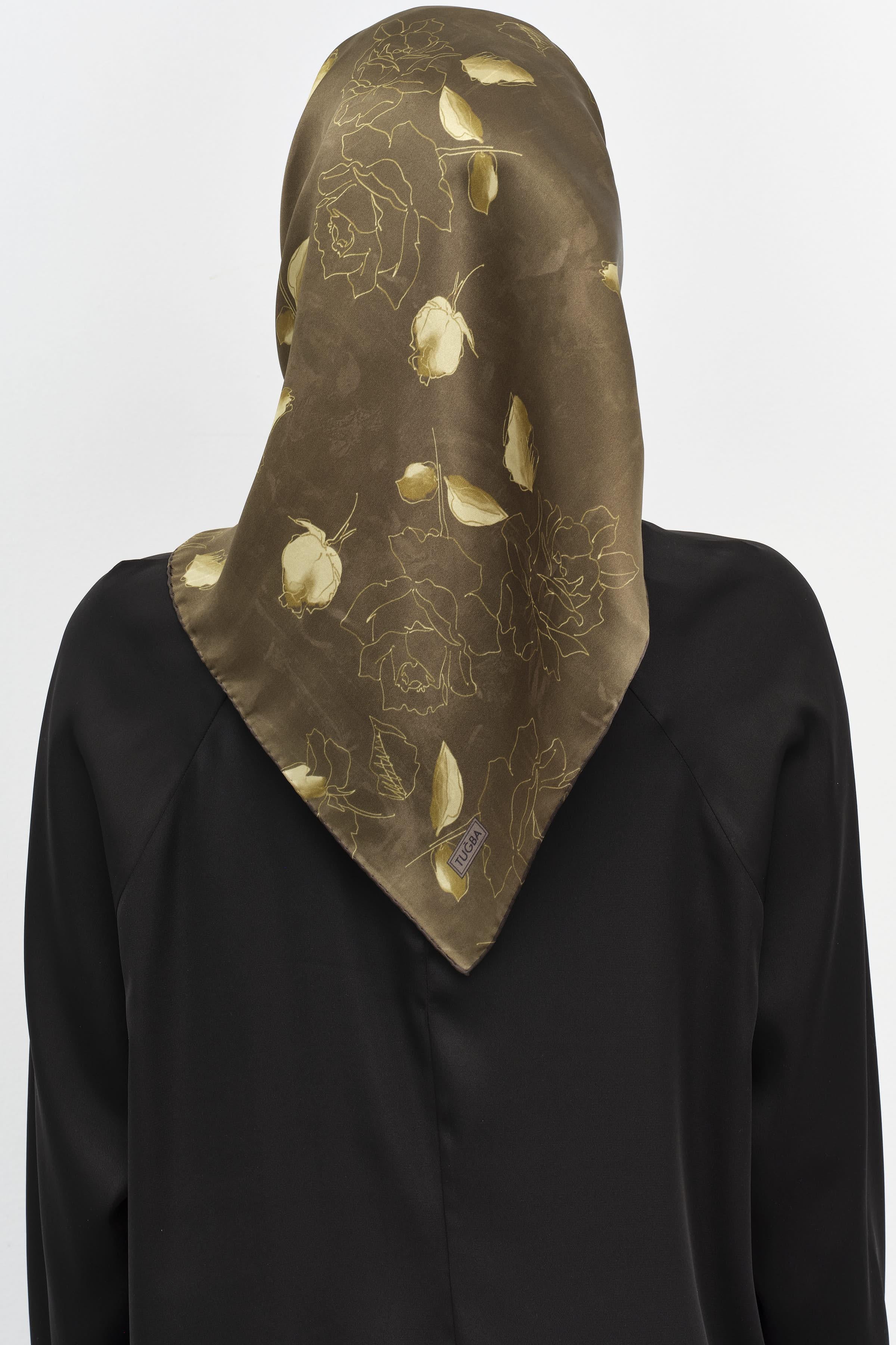 Yaprak Desenli Sura İpek Eşarp - Haki TUGBA