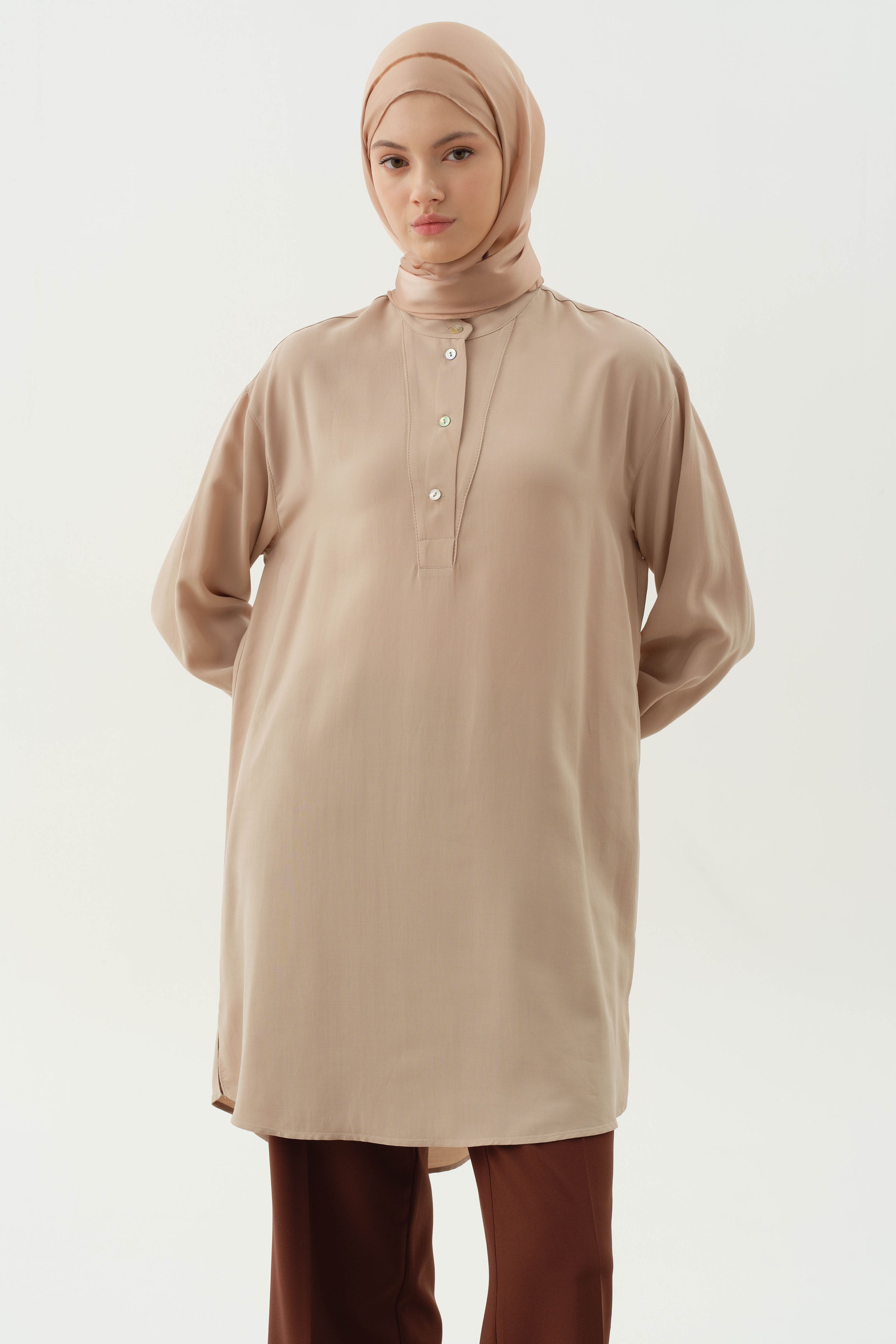 Yarım Patlı Asimetrik Tunik - Bej TUGBA