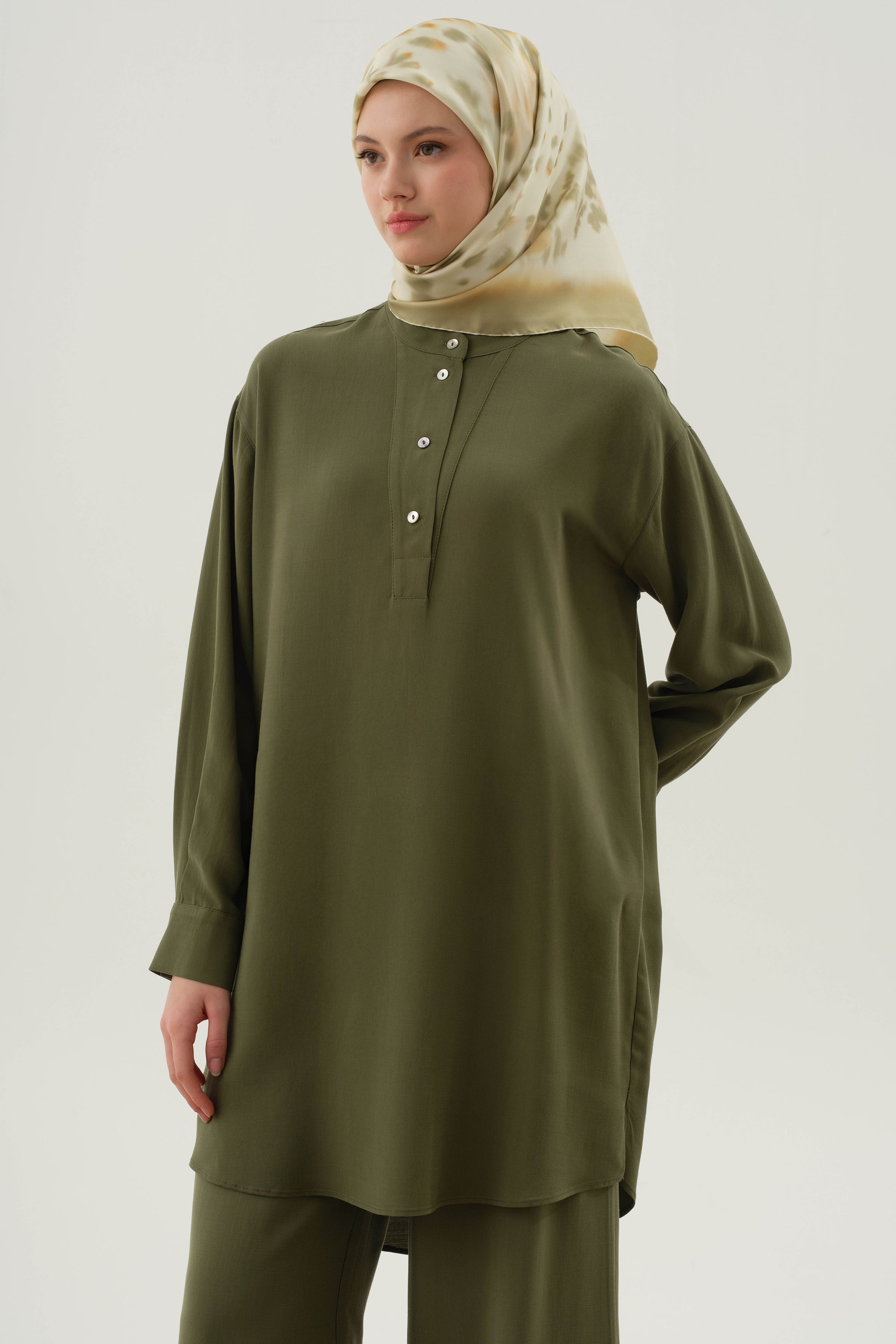 Yarım Patlı Asimetrik Tunik - Haki TUGBA