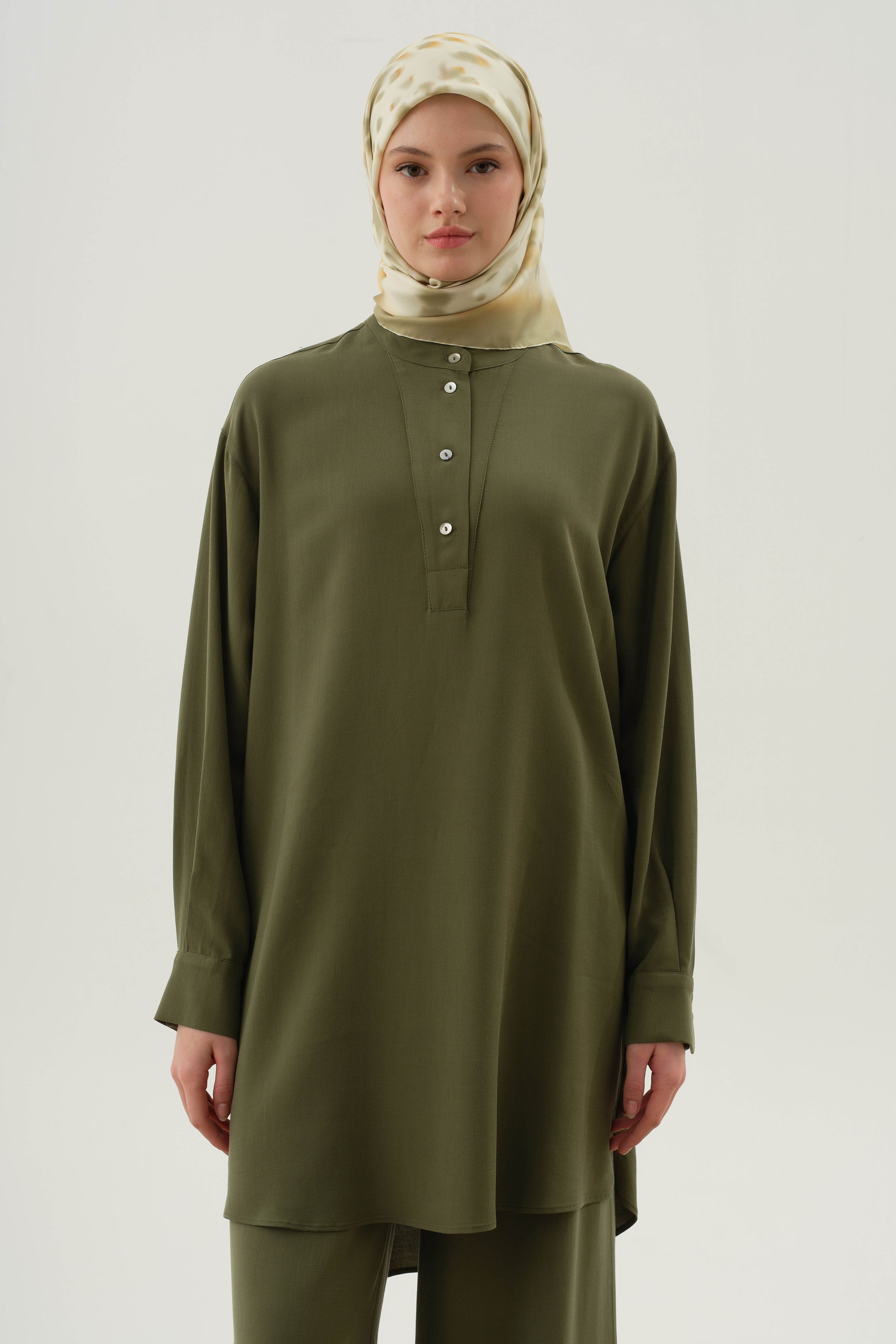 Yarım Patlı Asimetrik Tunik - Haki TUGBA