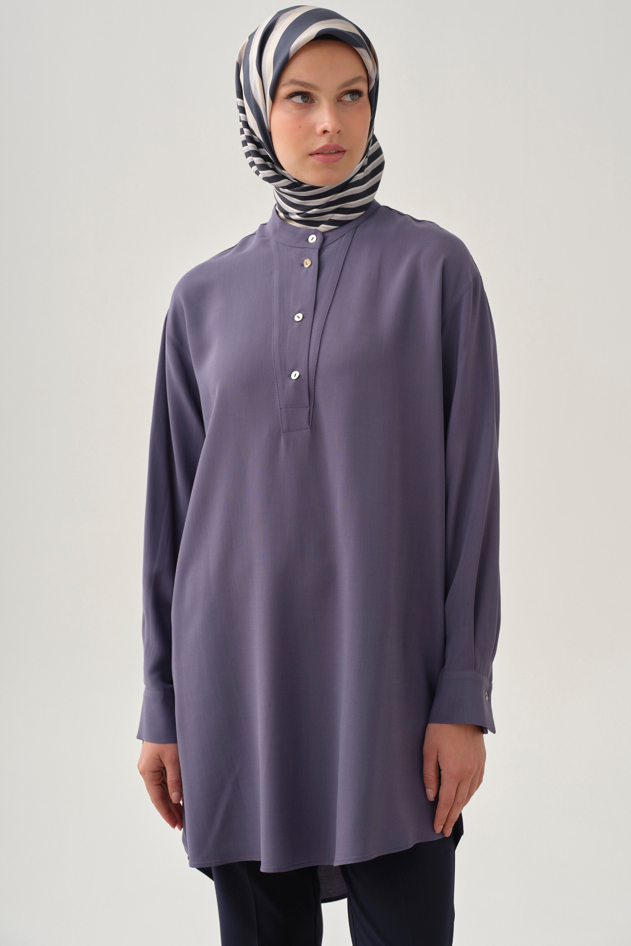 Yarım Patlı Asimetrik Tunik - İndigo TUGBA