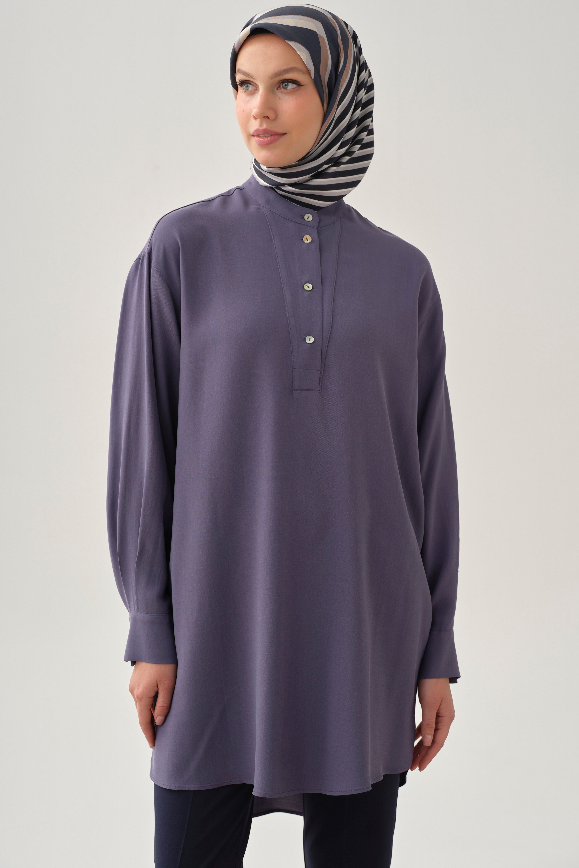 Yarım Patlı Asimetrik Tunik - İndigo TUGBA