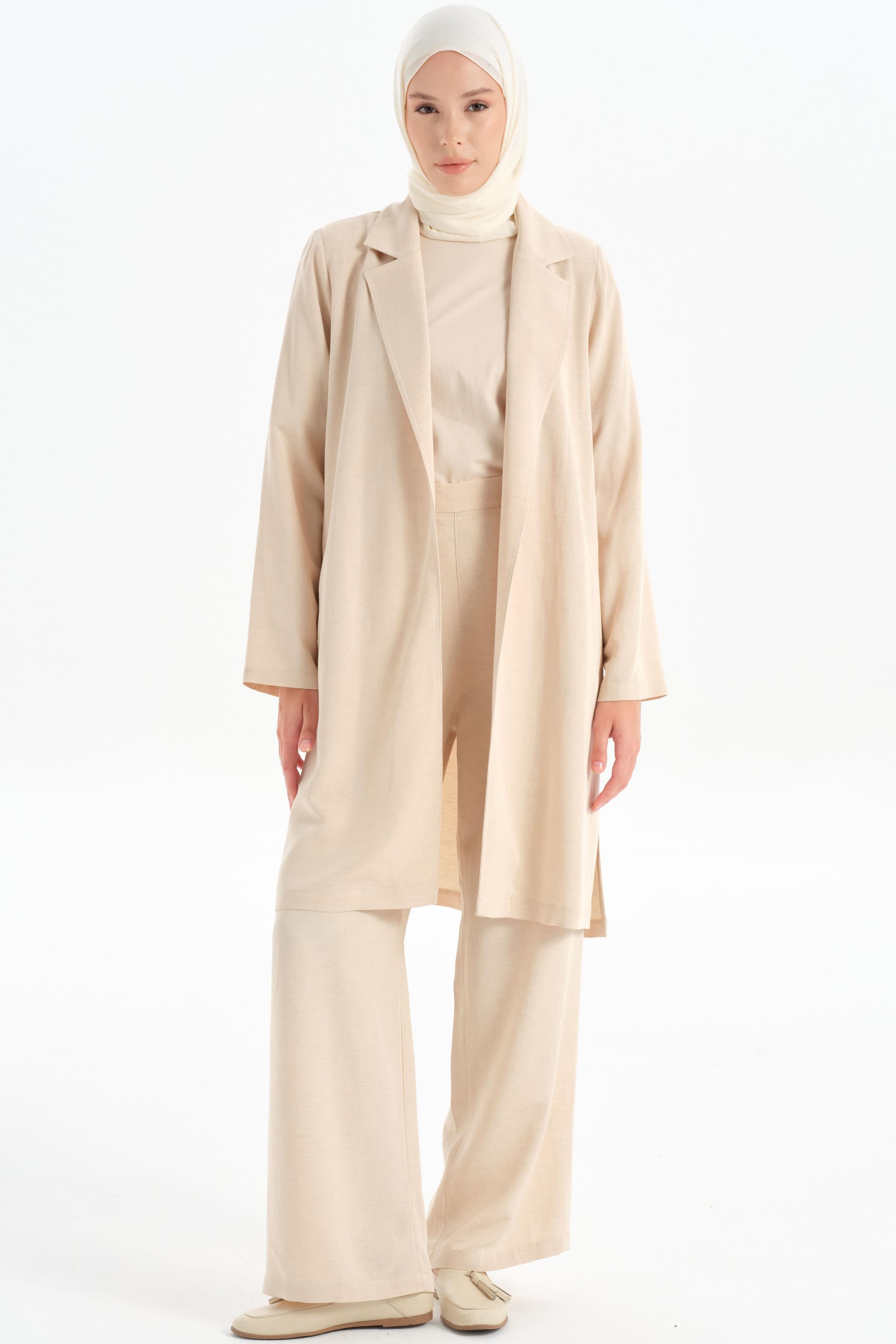 Yırtmaç Detaylı Uzun Ceket - Bej TUGBA