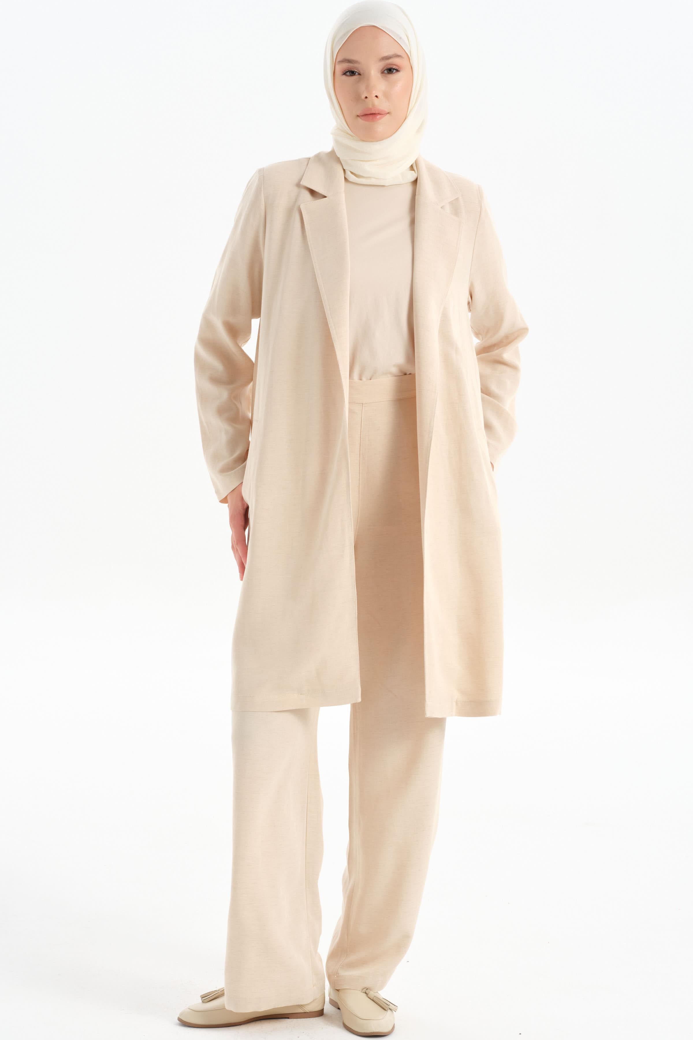 Yırtmaç Detaylı Uzun Ceket - Bej TUGBA