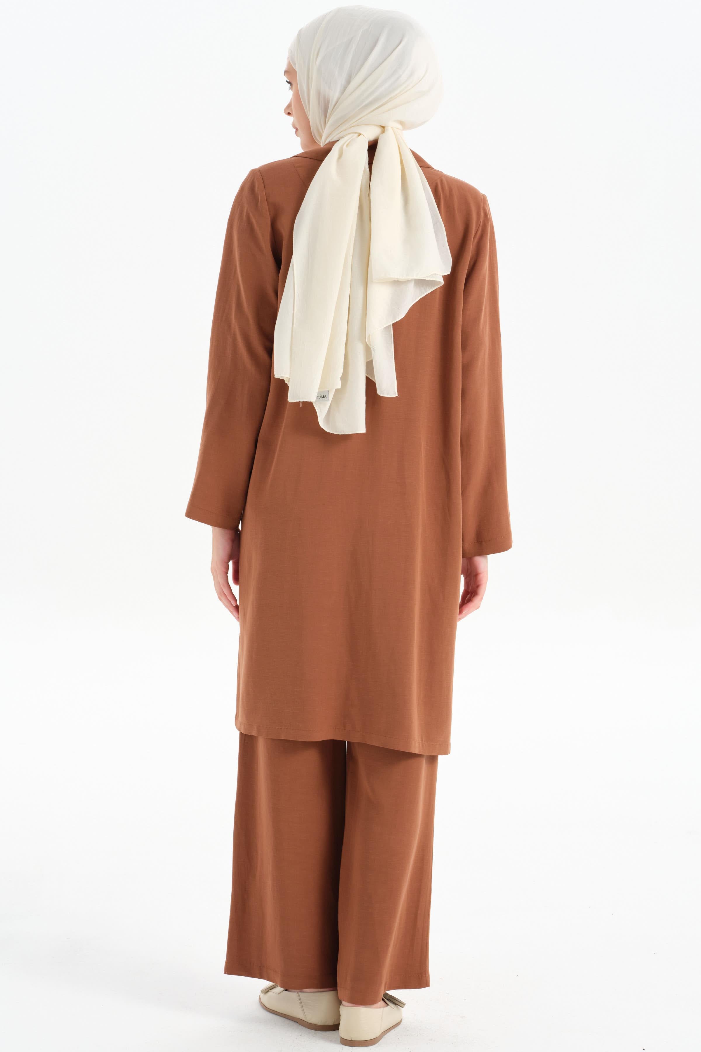 Yırtmaç Detaylı Uzun Ceket - Kahve TUGBA