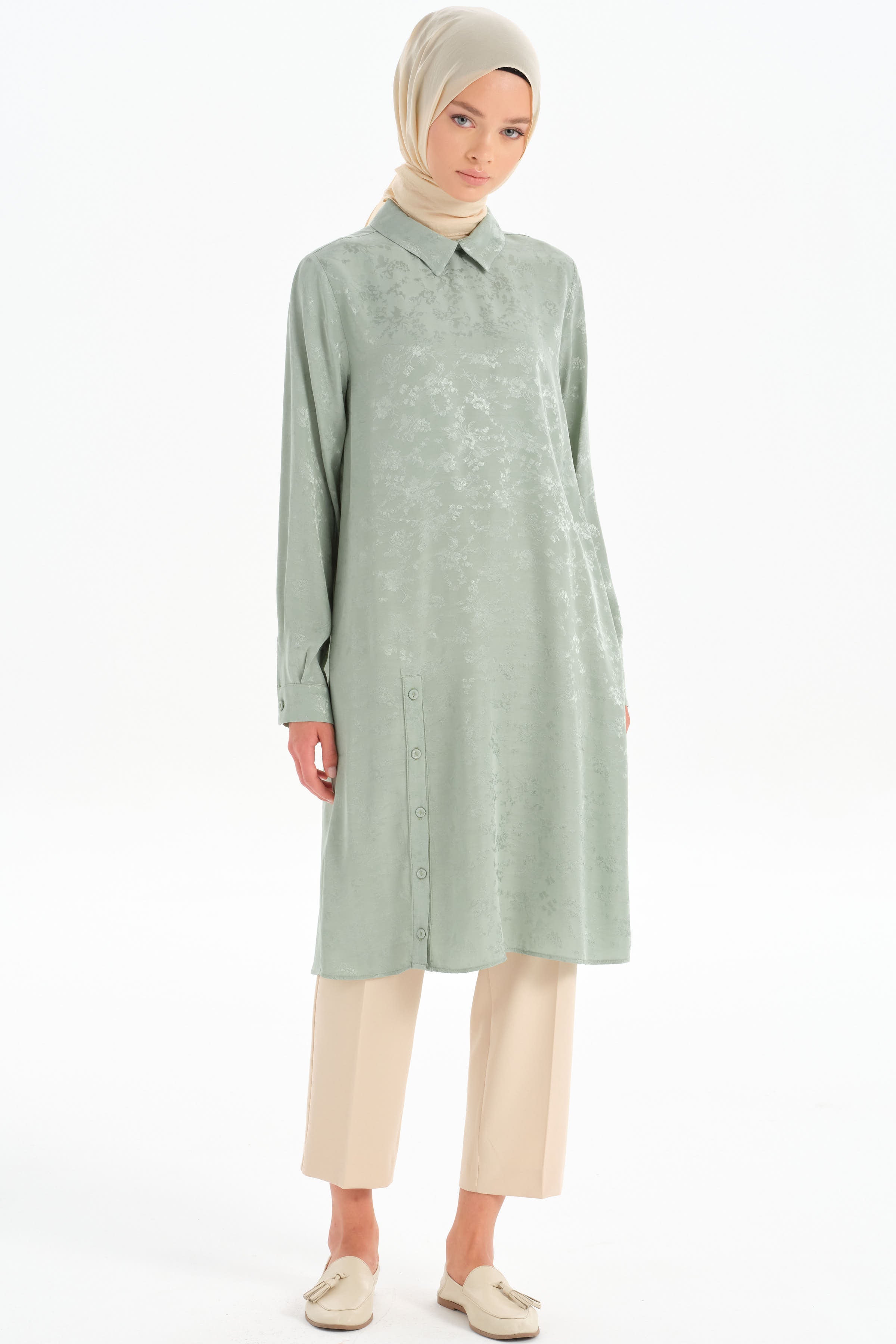 Yırtmacı Düğmeli Tunik - Mint TUGBA