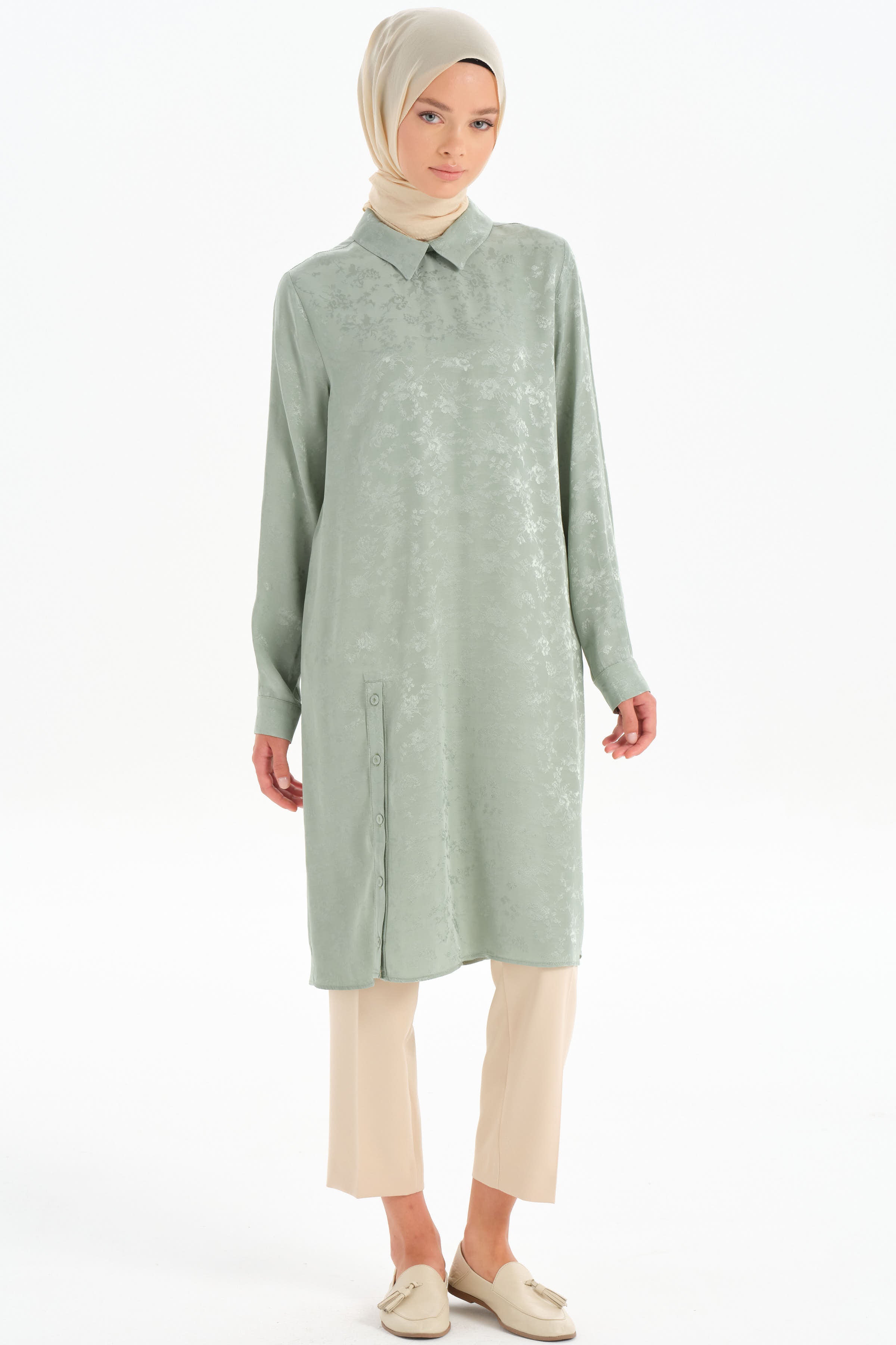 Yırtmacı Düğmeli Tunik - Mint TUGBA