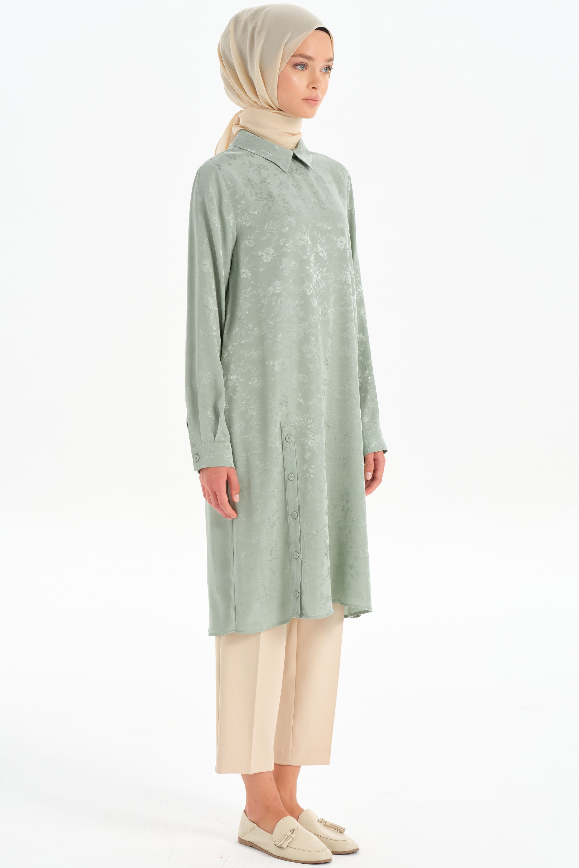 Yırtmacı Düğmeli Tunik - Mint TUGBA