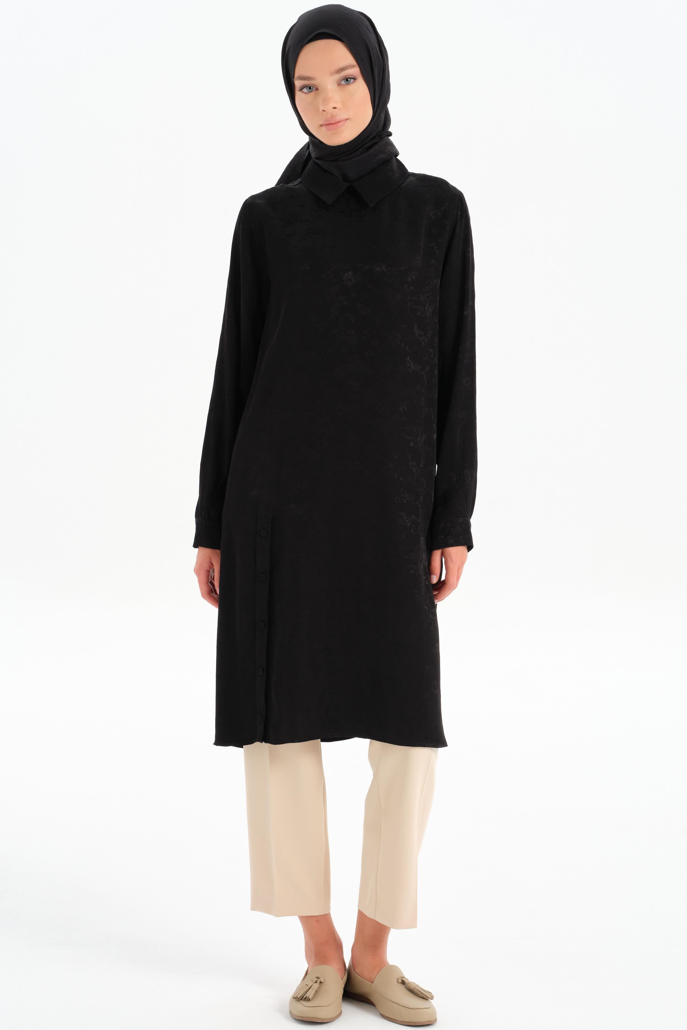 Yırtmacı Düğmeli Tunik - Siyah TUĞBA