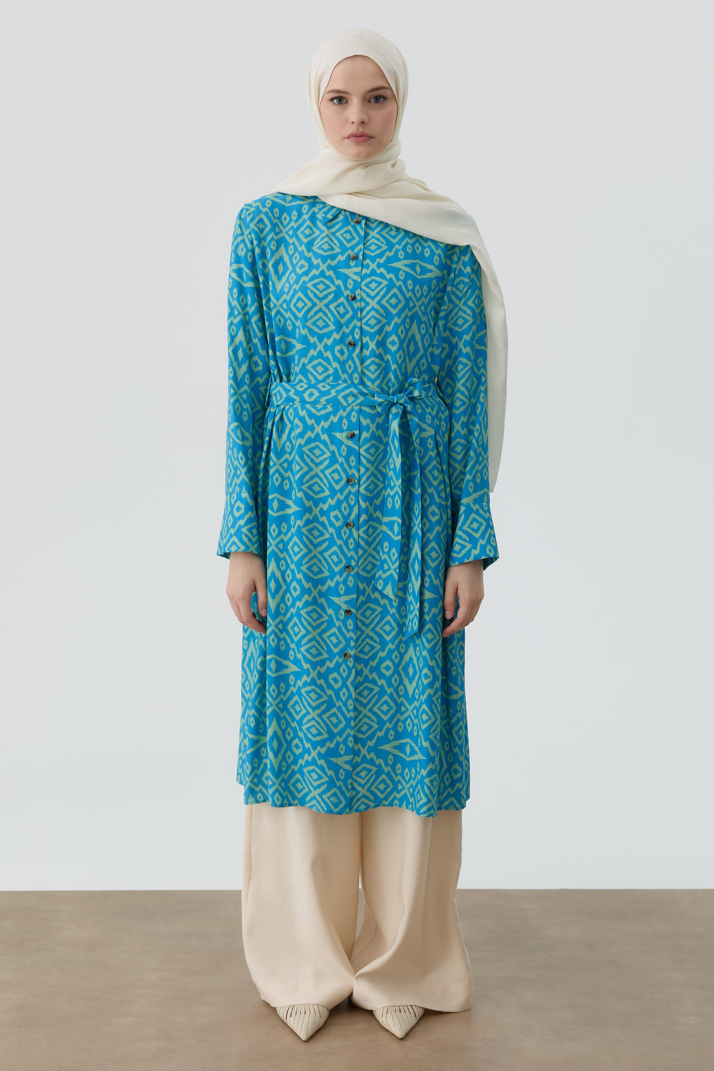 Yırtmaçlı Desenli Uzun Tunik - Yeşil TUGBA