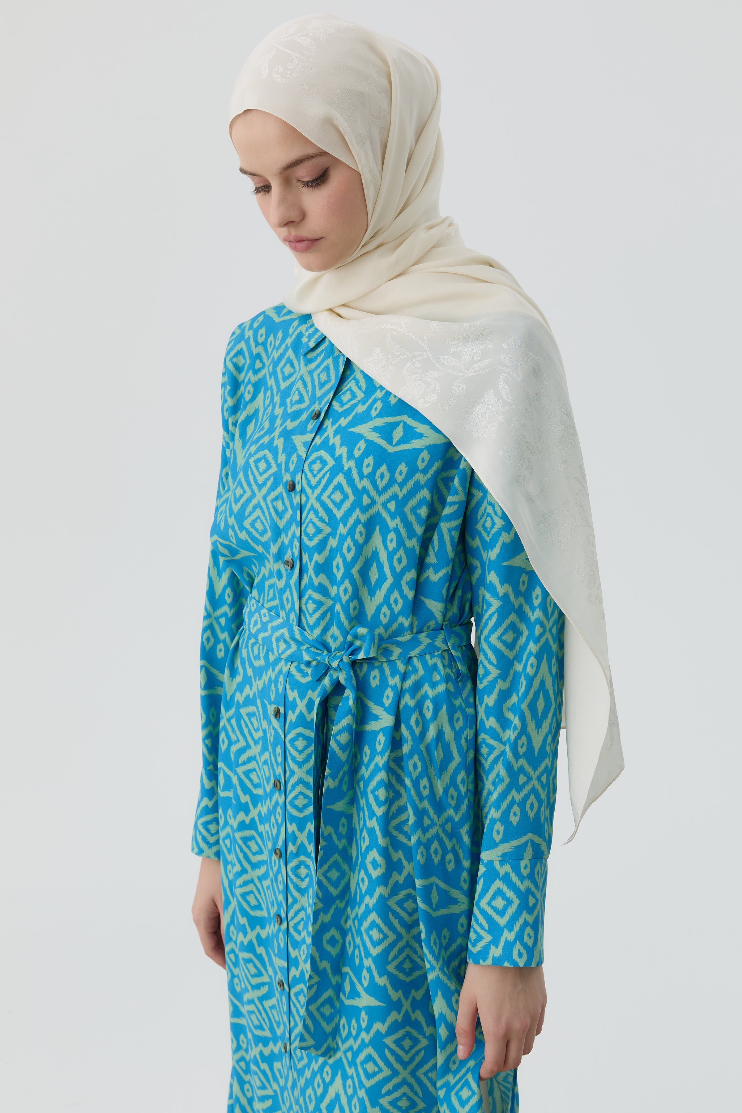 Yırtmaçlı Desenli Uzun Tunik - Yeşil TUGBA