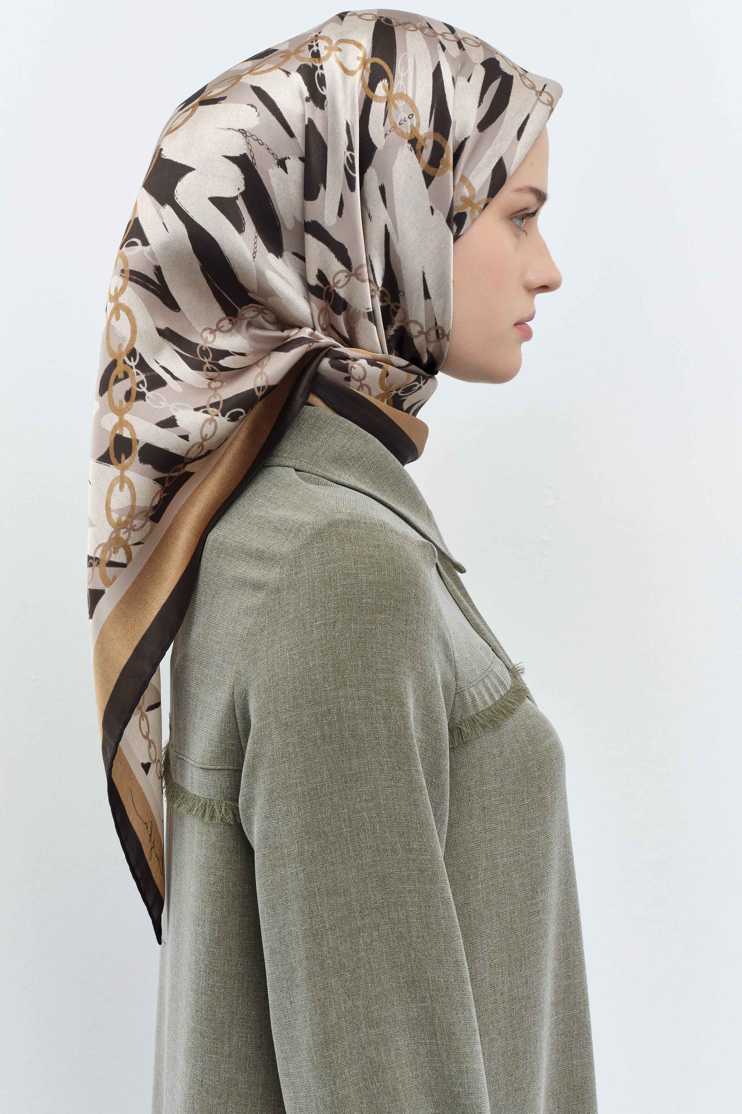 Zincir Desen Sura İpek Eşarp - Kahve TUGBA