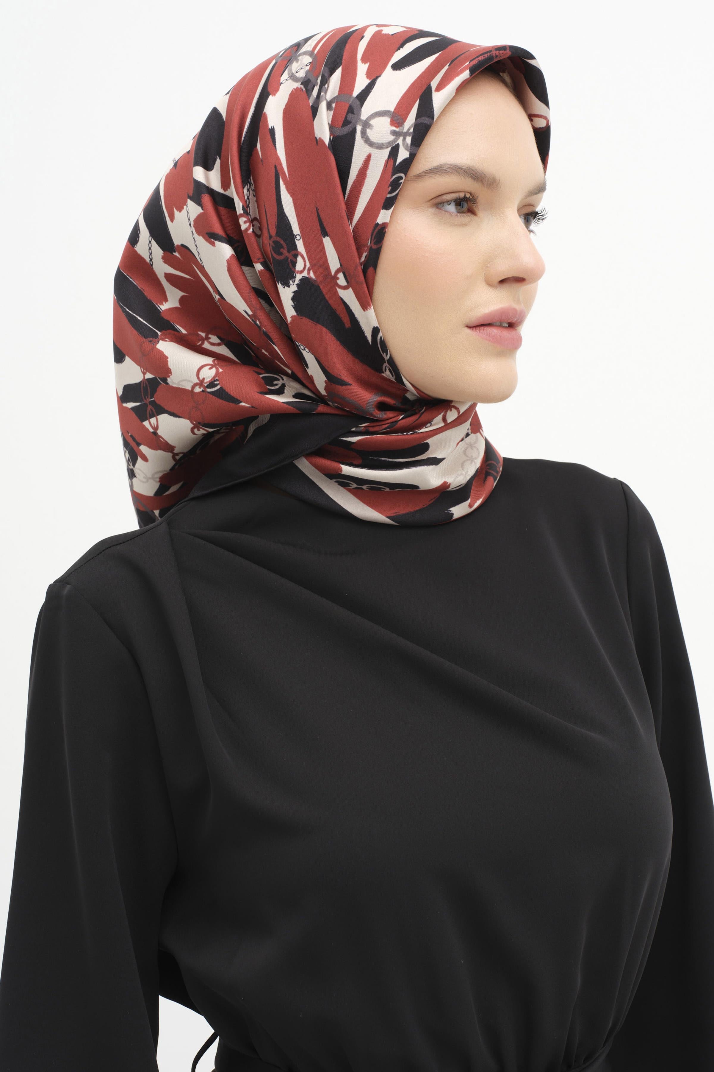 Zincir Desen Sura İpek Eşarp - Kırmızı TUGBA