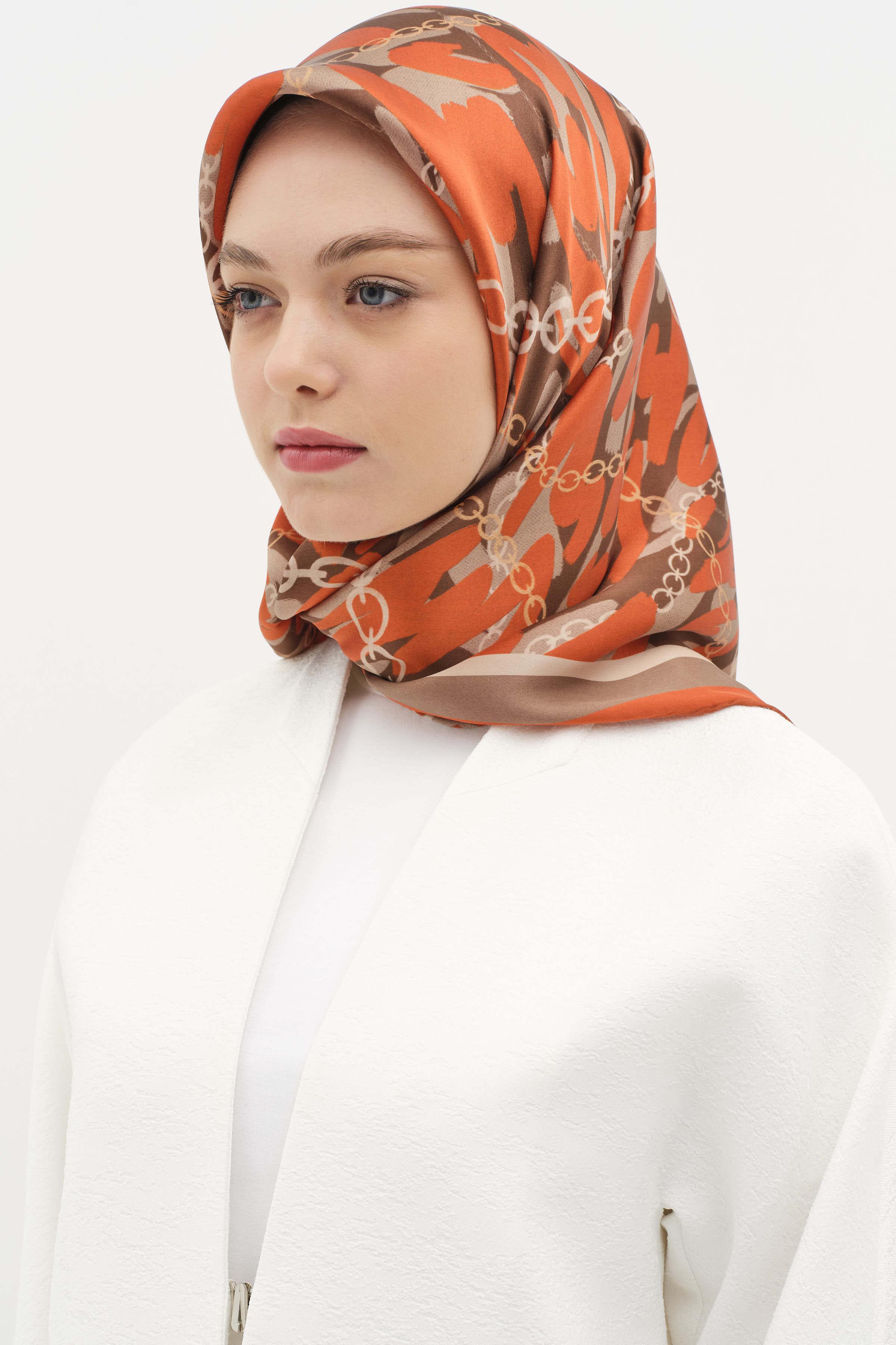 Zincir Desen Sura İpek Eşarp - Turuncu TUGBA