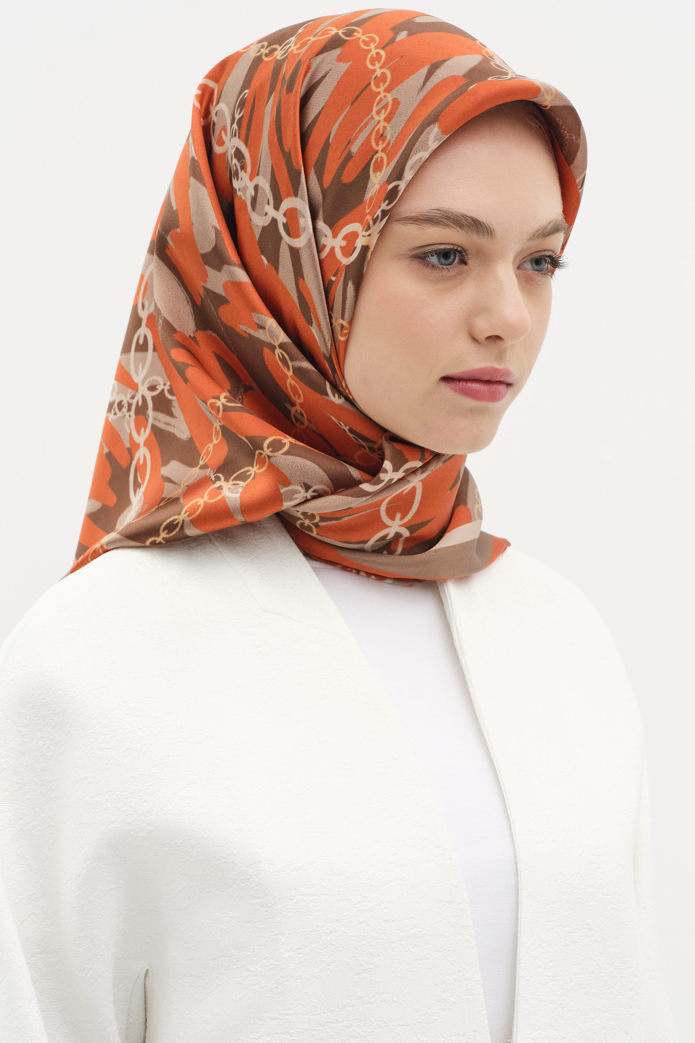 Zincir Desen Sura İpek Eşarp - Turuncu TUGBA