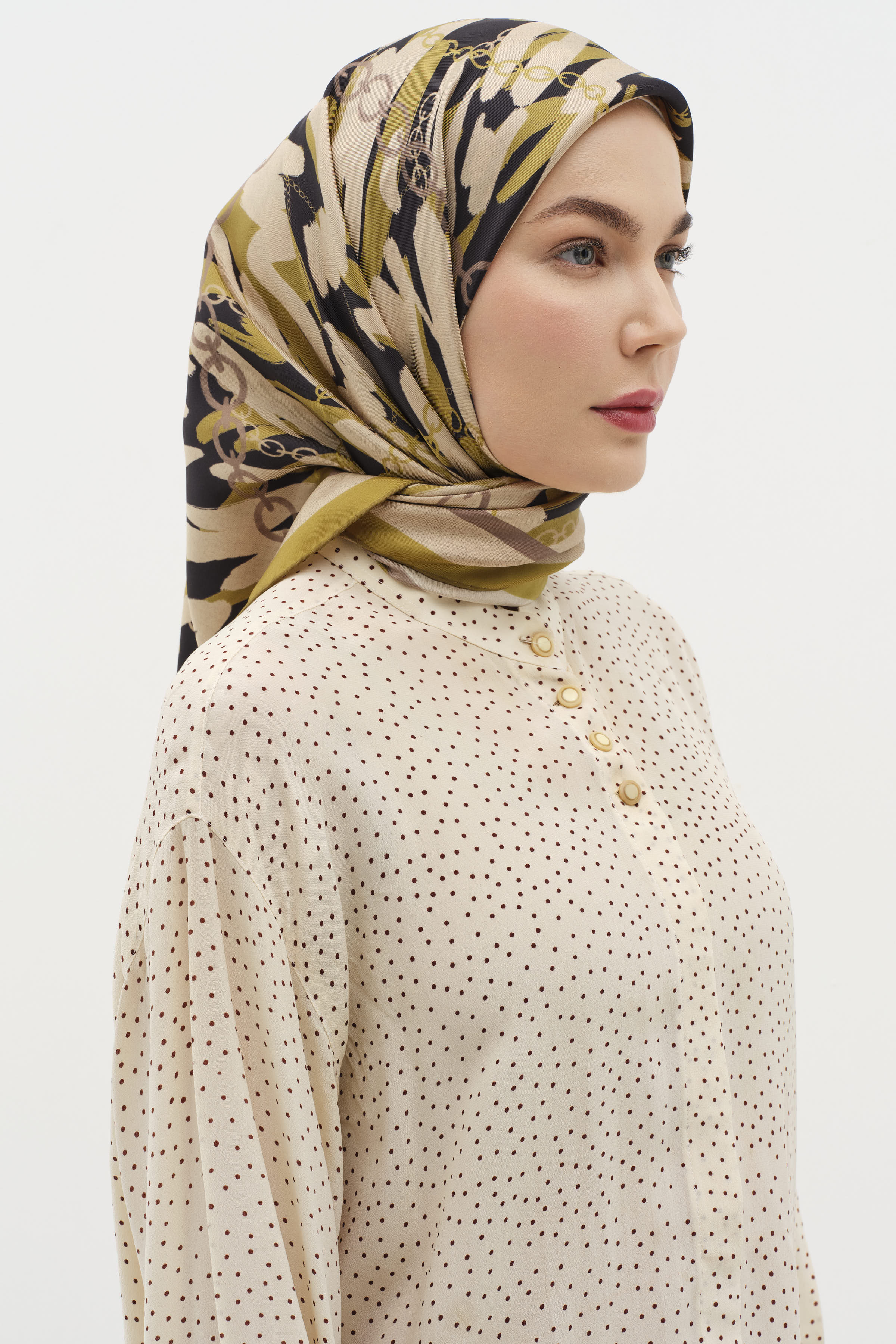 Zincir Desen Twill İpek Eşarp - Fıstık Yeşili TUGBA