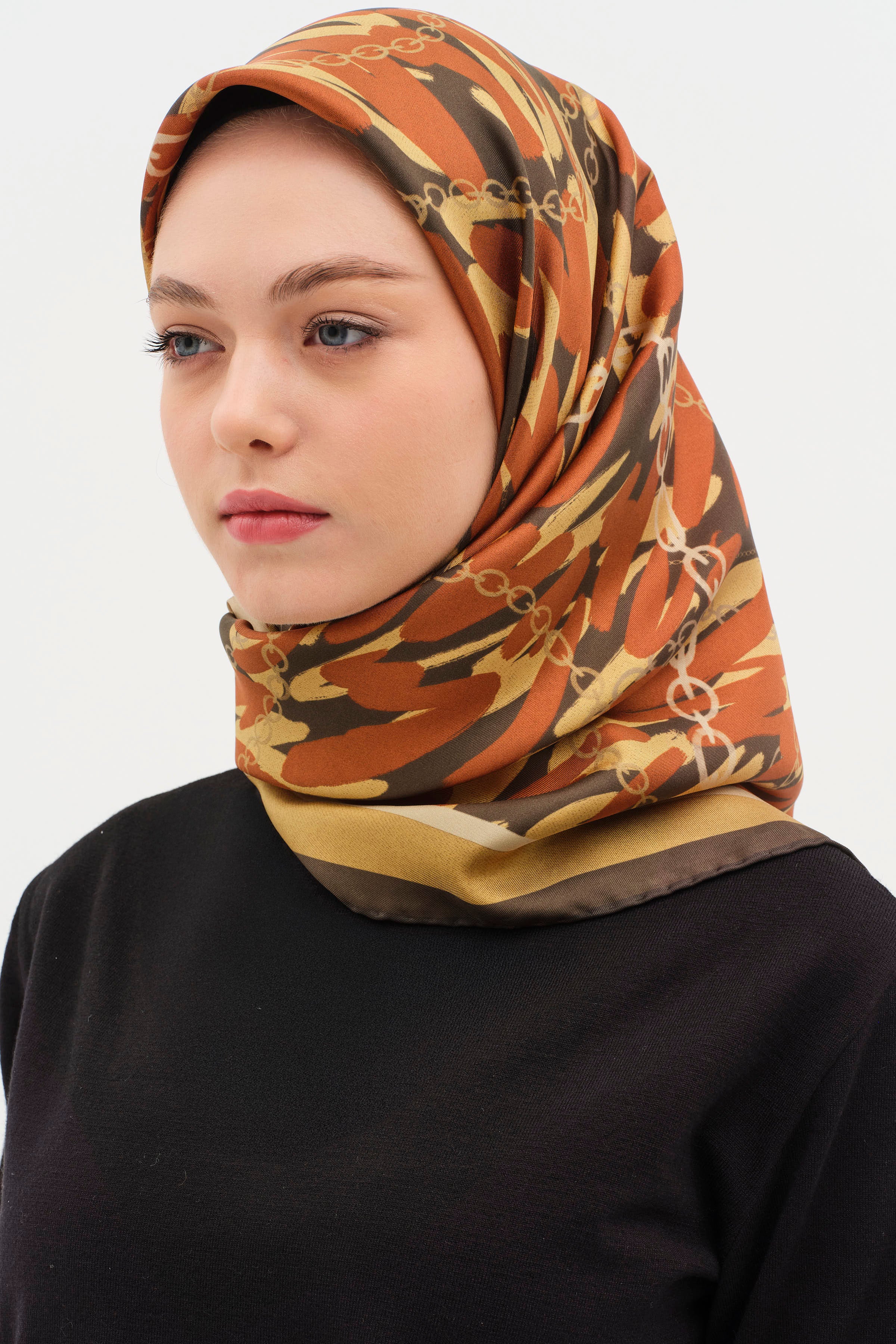 Zincir Desen Twill İpek Eşarp - Kiremit TUGBA