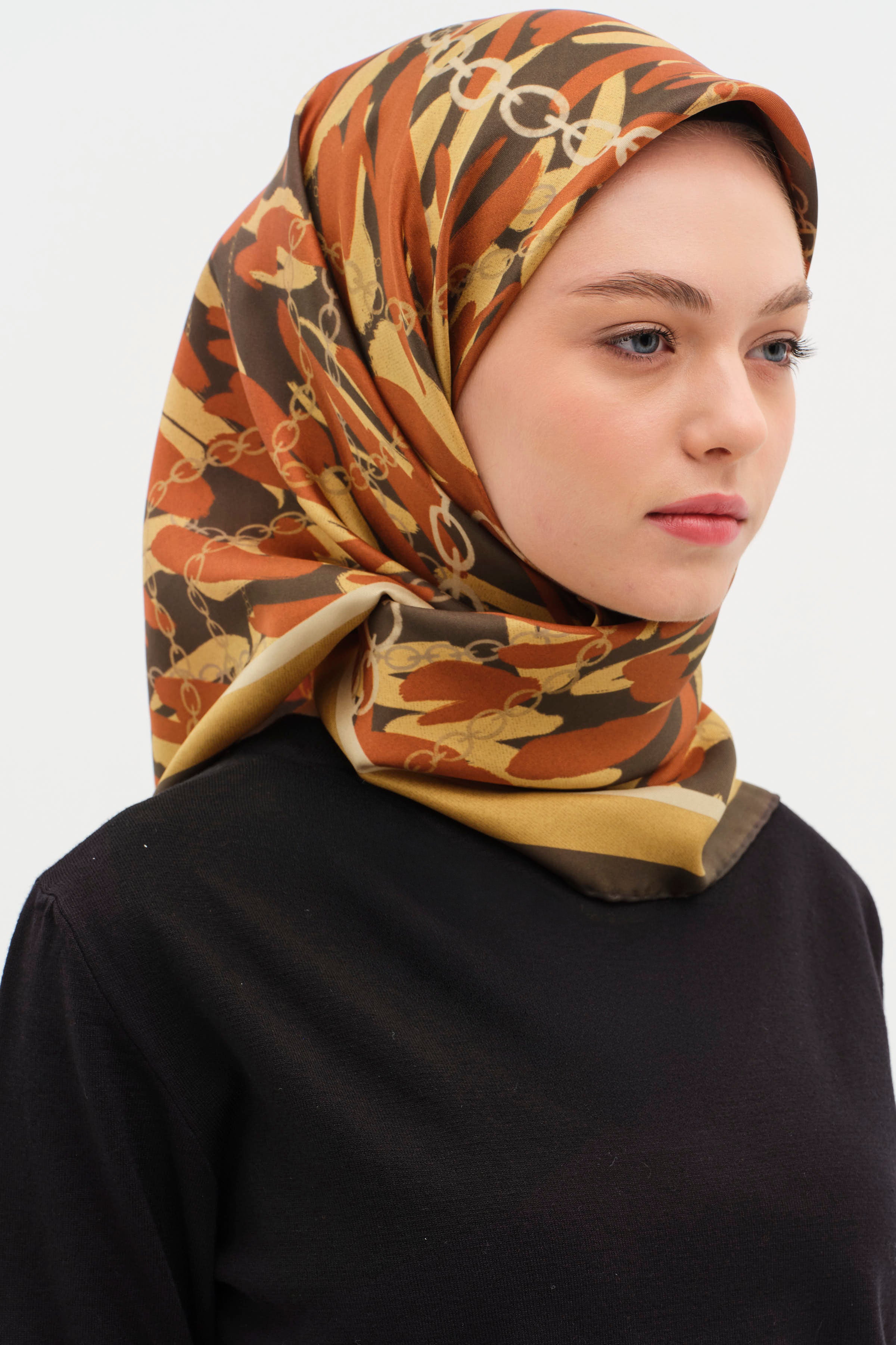 Zincir Desen Twill İpek Eşarp - Kiremit TUGBA