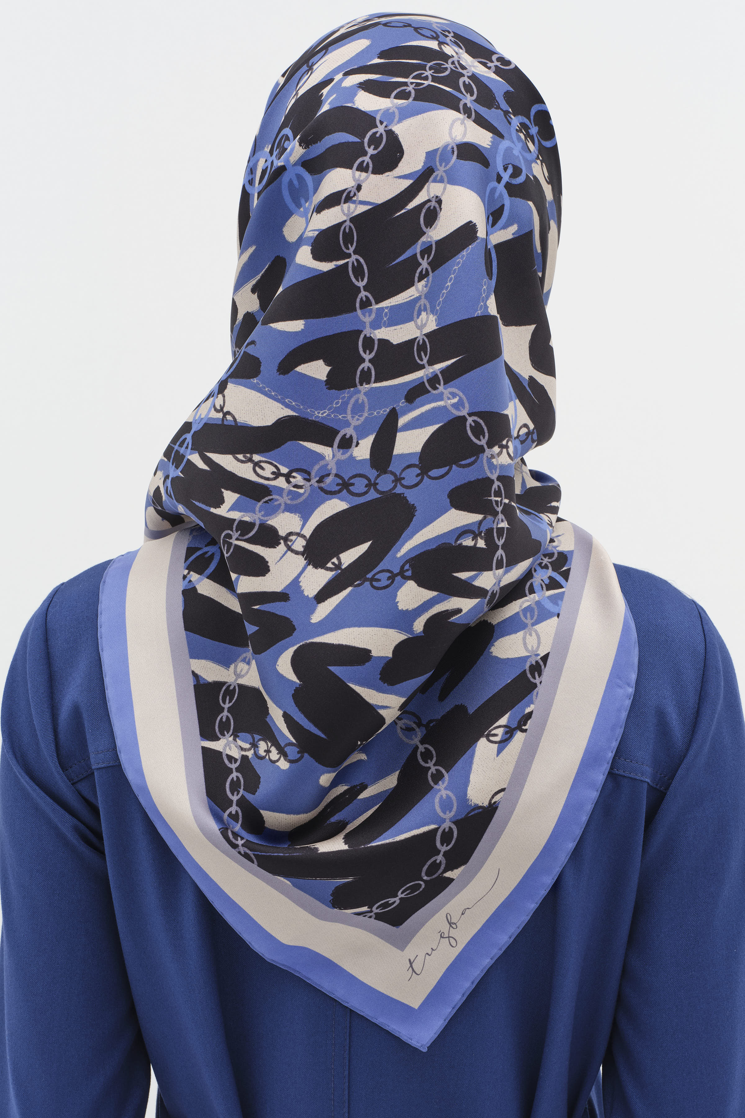 Zincir Desen Twill İpek Eşarp - Mavi TUGBA