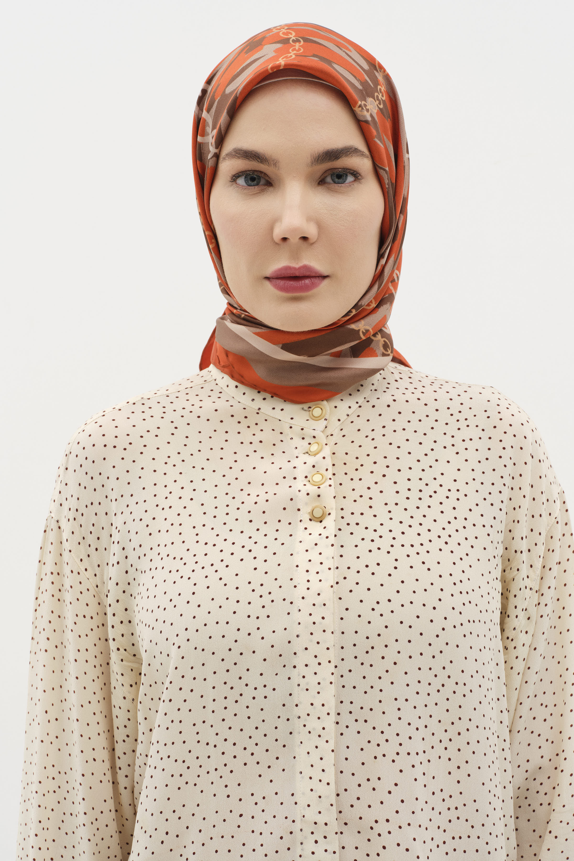 Zincir Desen Twill İpek Eşarp - Turuncu TUGBA