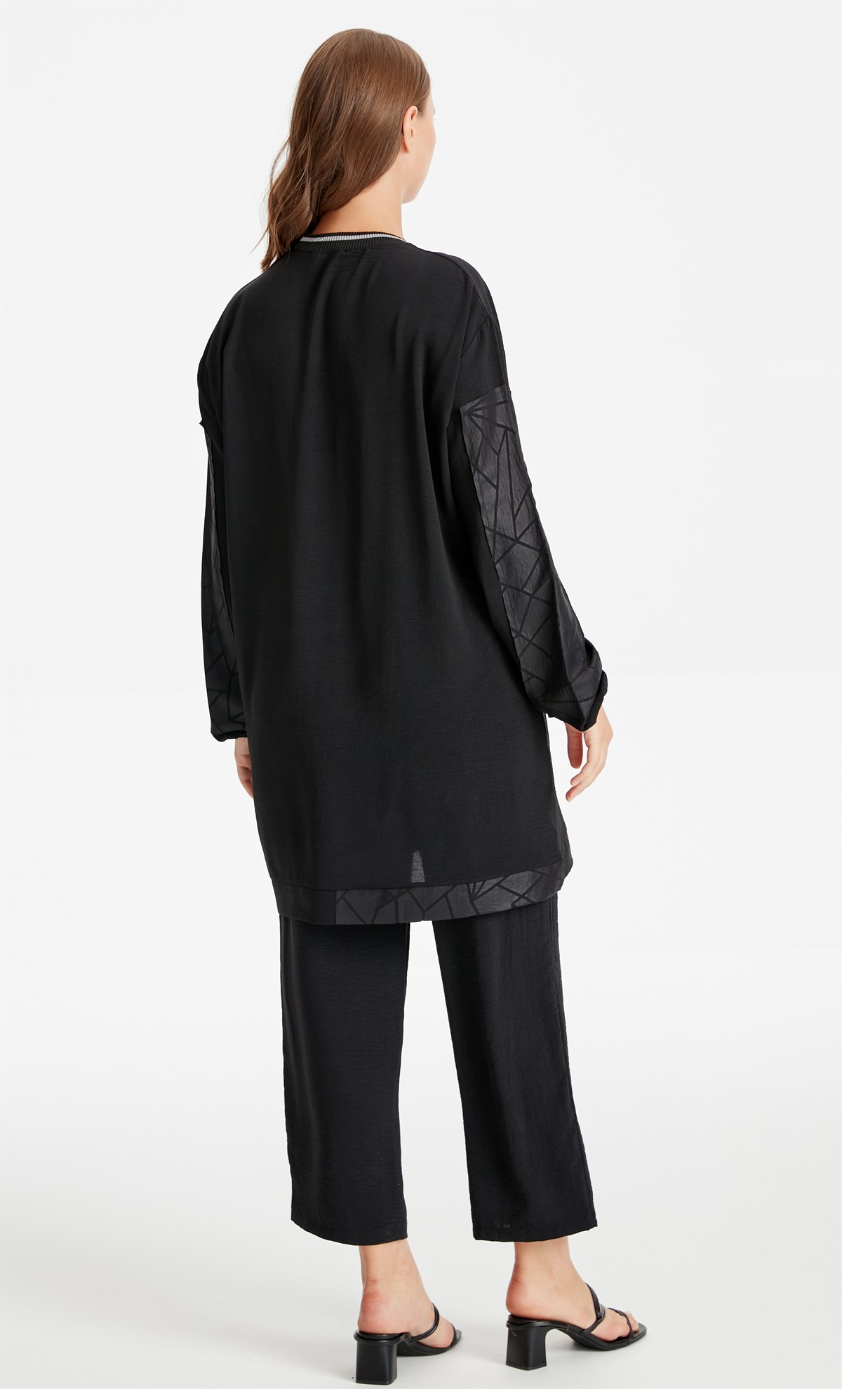 Ribana Yaka Kombinli Taş Detaylı Bol Paça Pantolon Takım - Siyah