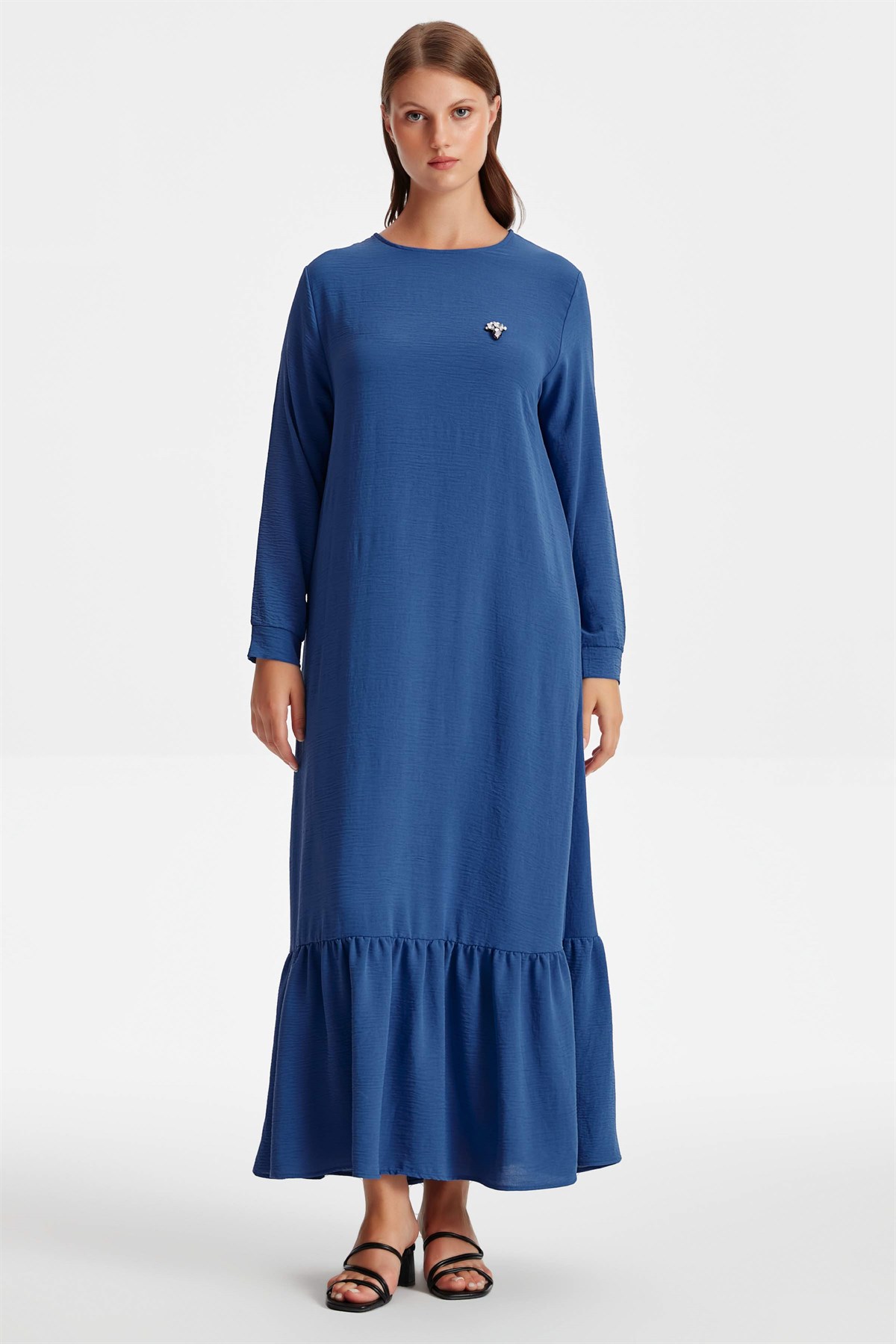 Büyük Beden Sıfır Yaka Taş İşleme Detay Büzgülü Elbise - İndigo