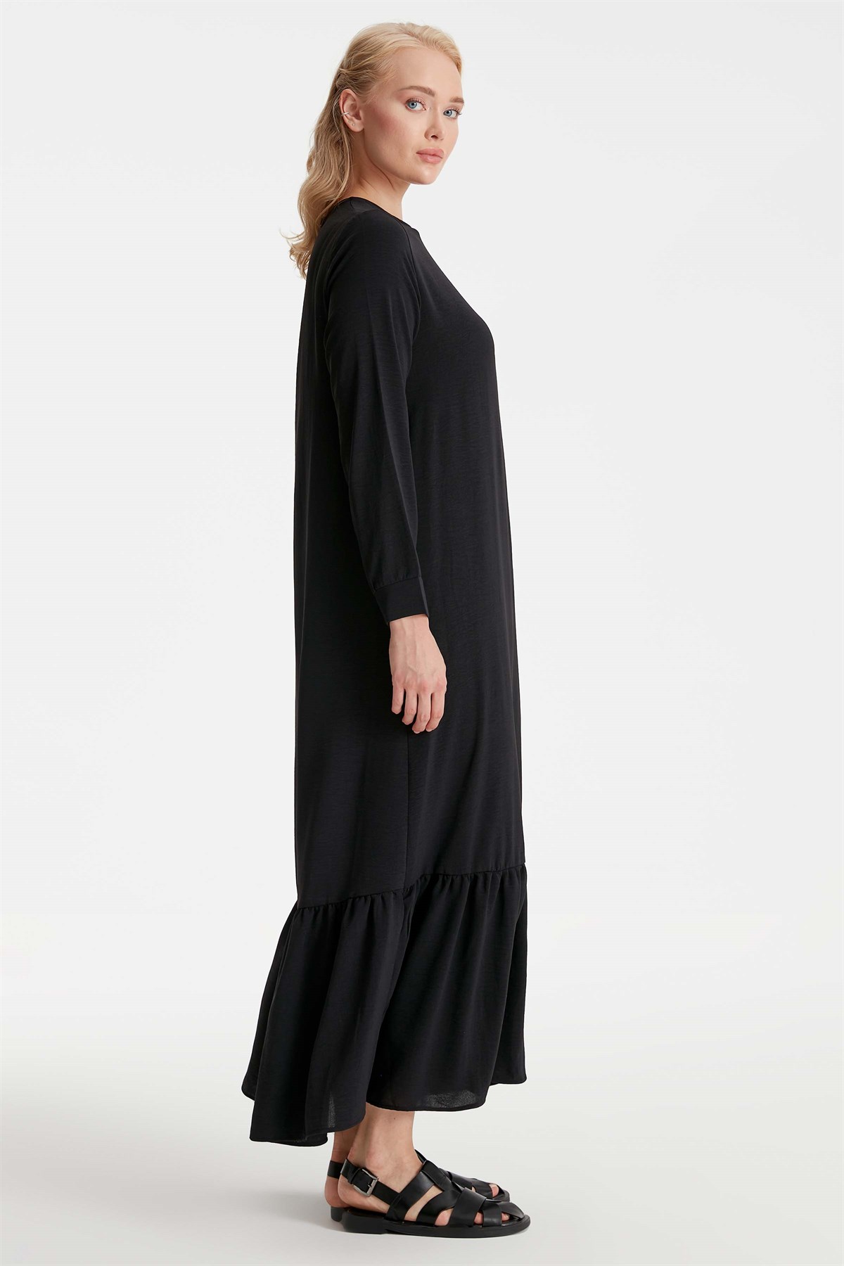 Büyük Beden Sıfır Yaka Taş İşleme Detay Büzgülü Elbise - Siyah