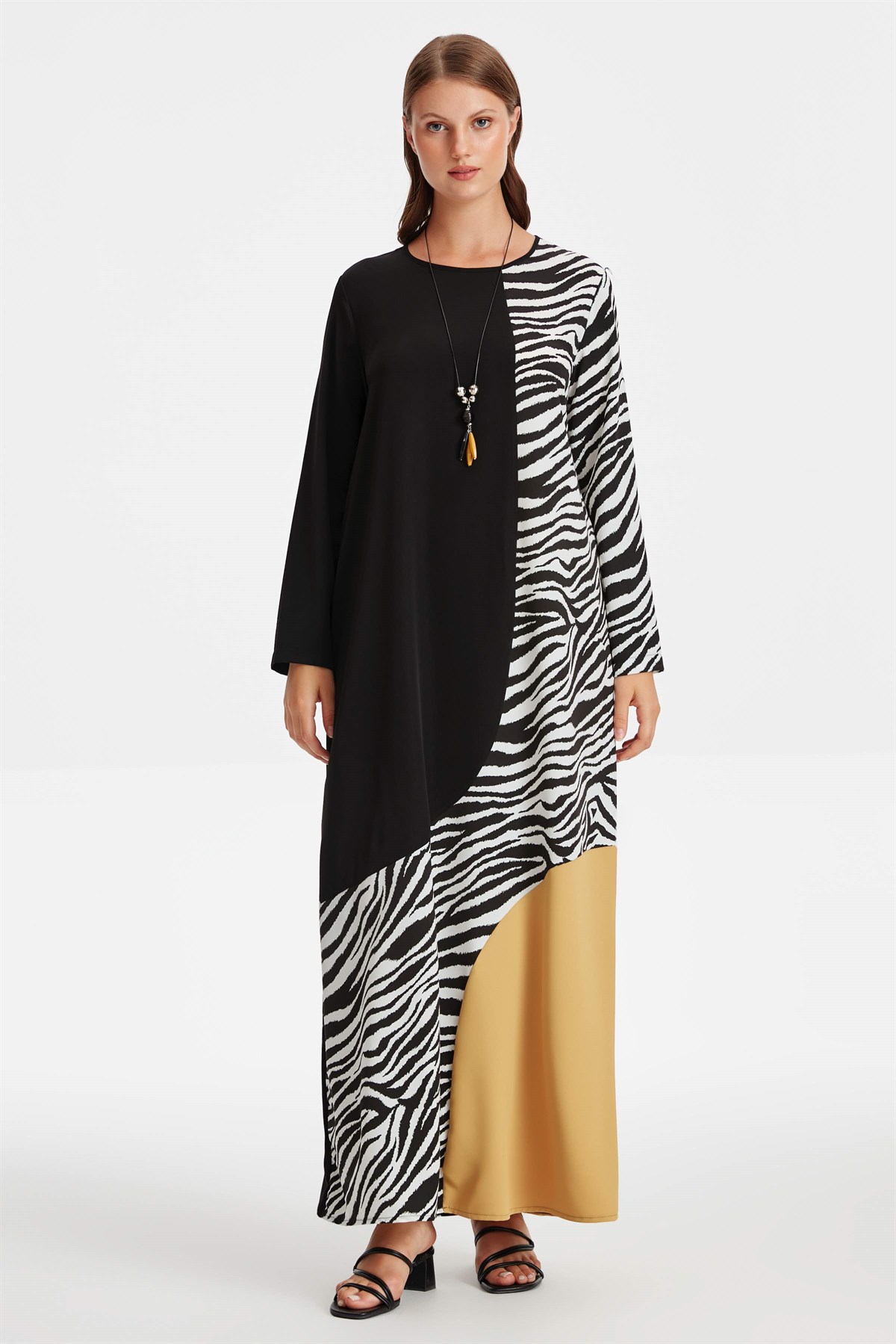Büyük Beden Sıfır Yaka Zebra Desen Kombinli Elbise - Safran
