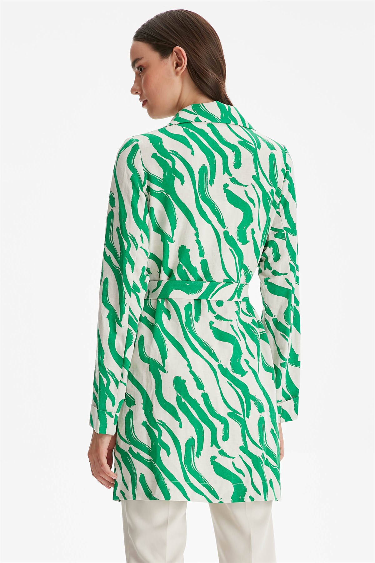 Kruvaze Bel Kuşaklı Duble Kol Fırça Desen Ceket - Yeşil