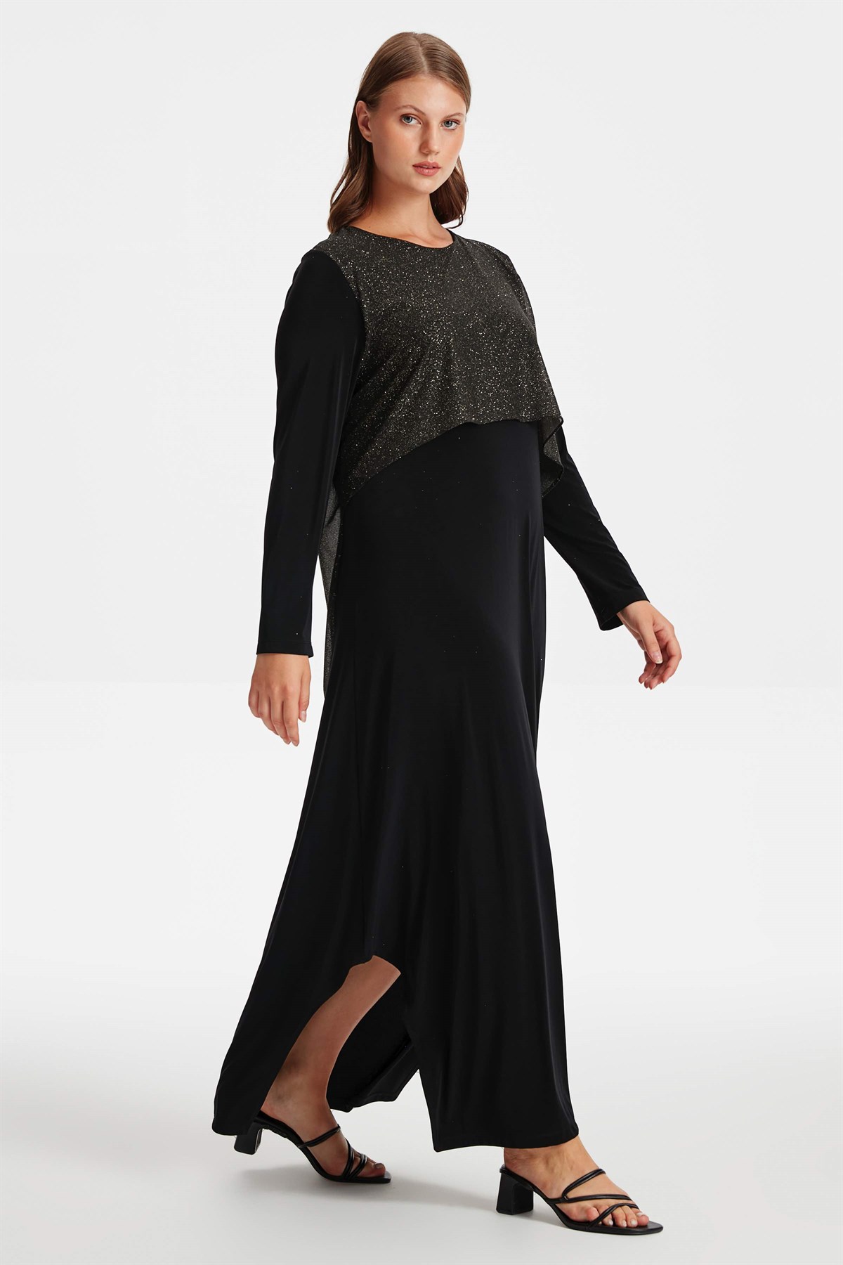 Sıfır Yaka Asimetrik Kesim Elbise - Siyah