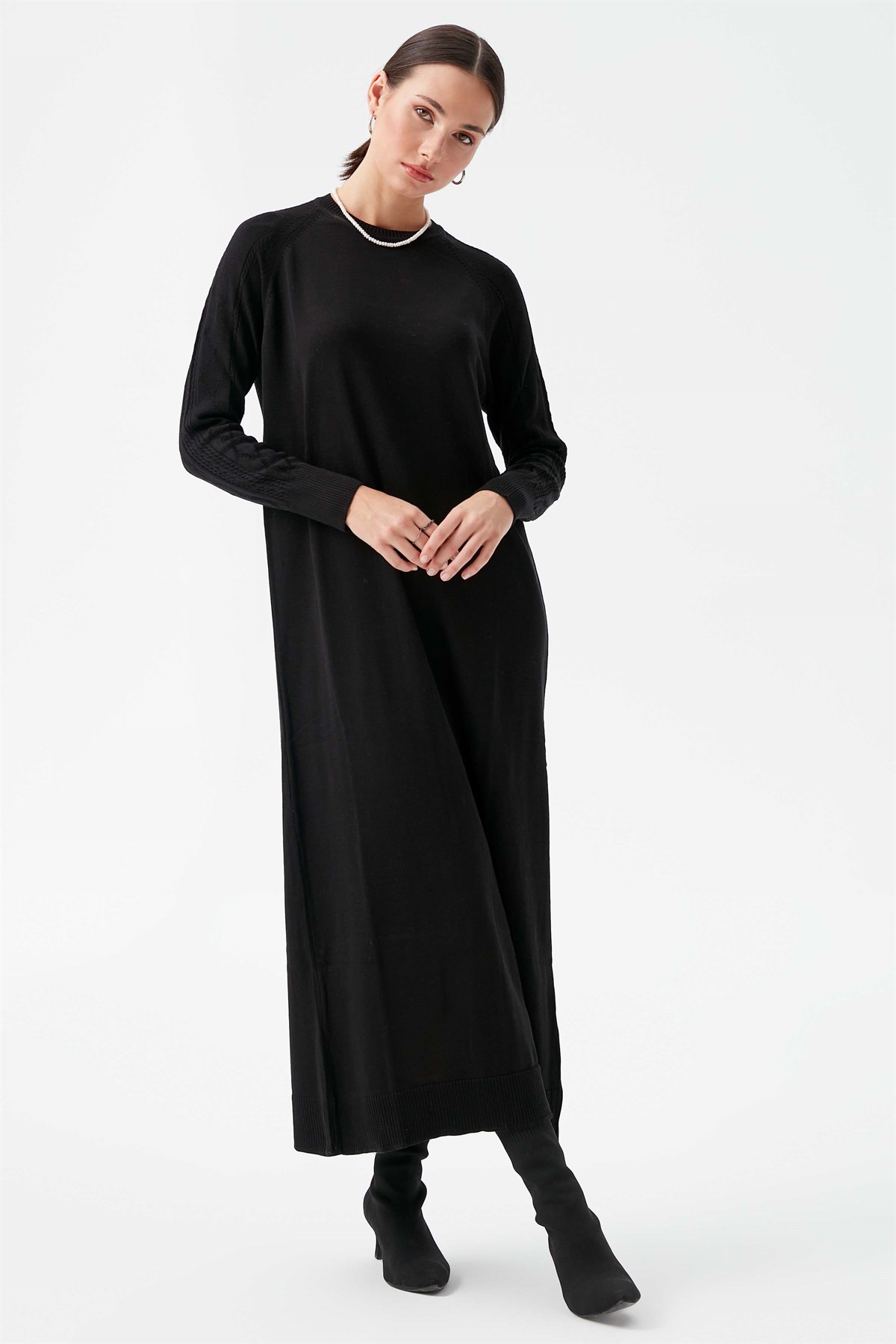 Sıfır Yaka Reglan Kol Triko Elbise - Siyah